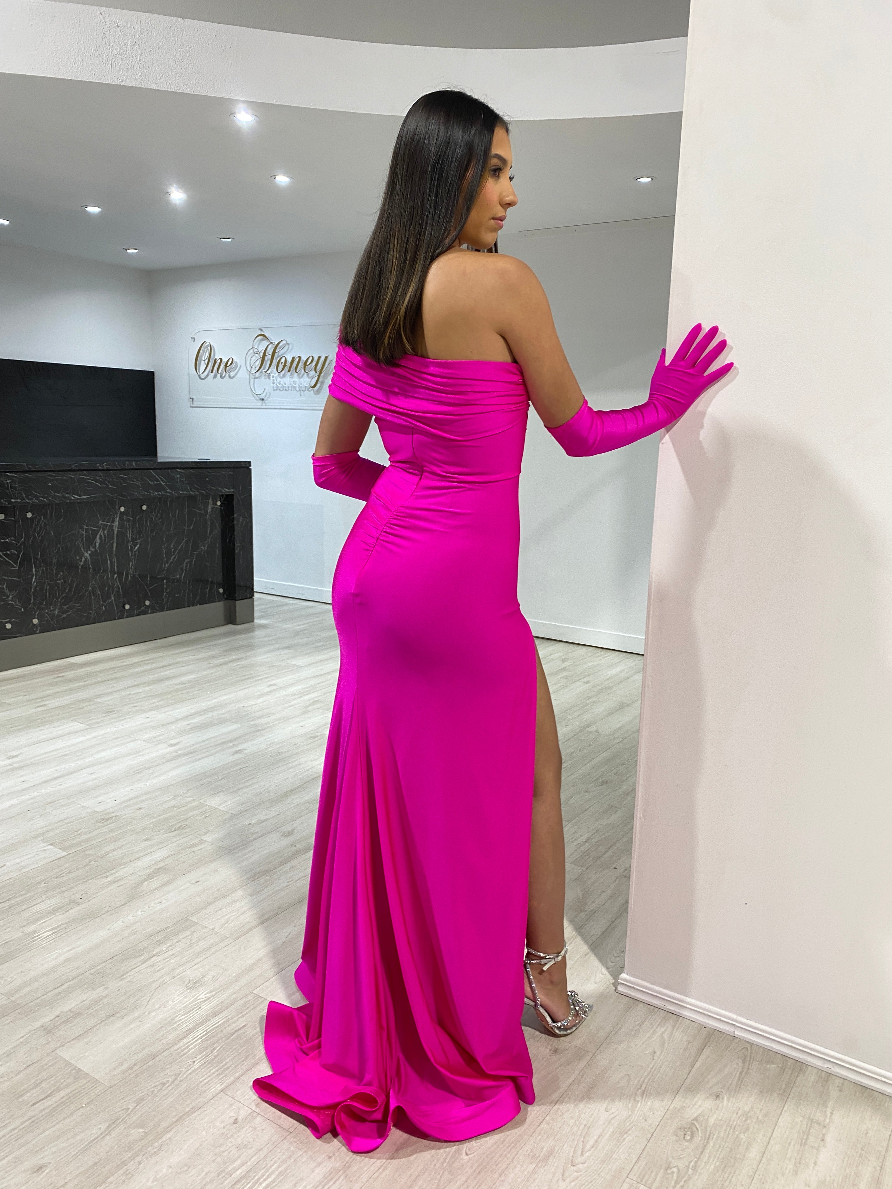 Honey Couture BALENCI-USSY Hot Pink Mermaid Formal Dress w Gloves