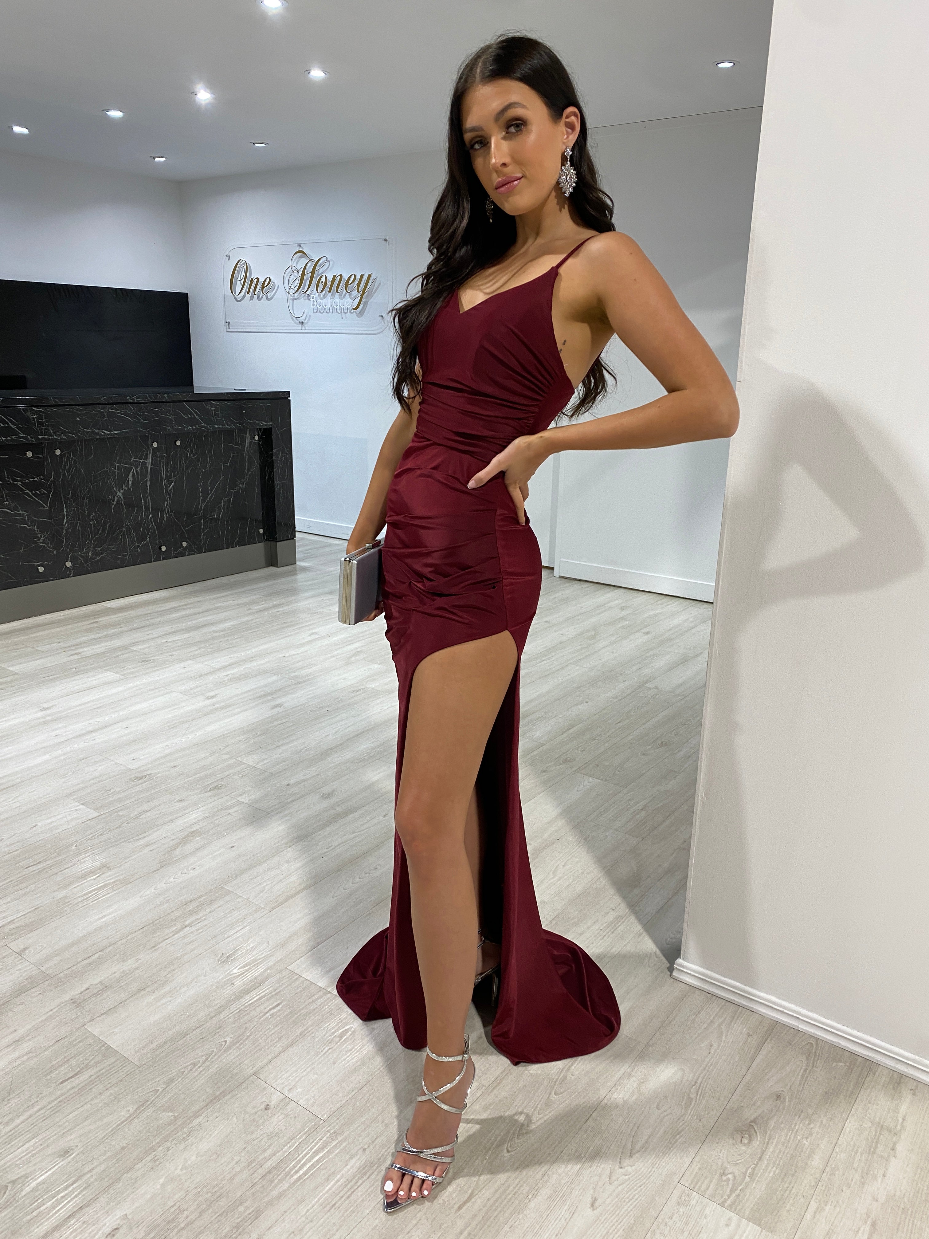 Honey Couture ZURI Burgundy Corset Ruched Formal Gown Dress