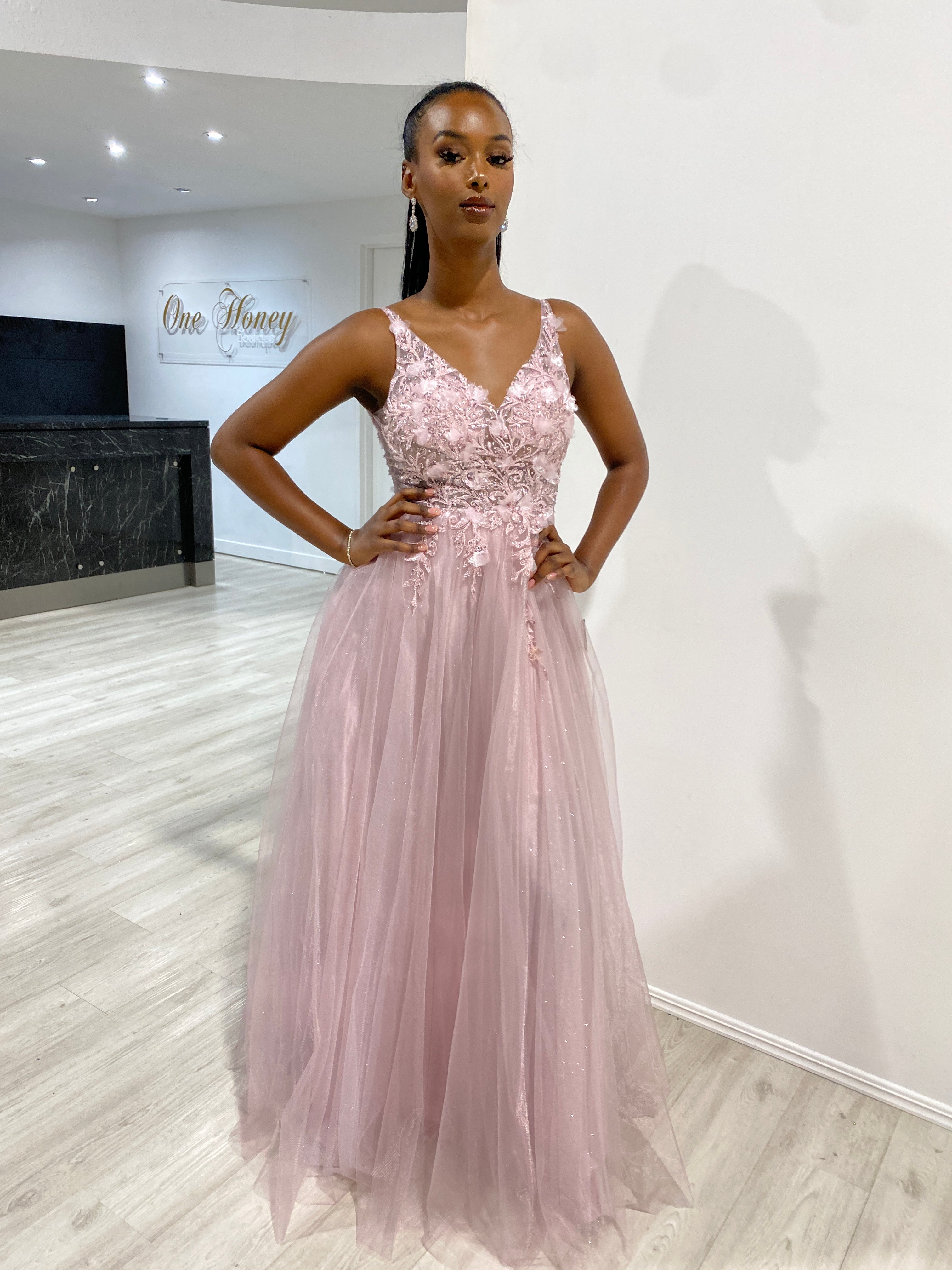 DEMIKA 3D Floral Applique Tulle Formal Gown Dress with flower beaded lace, A-line silhouette. Evening gown, Brisbane to Gold Coast.