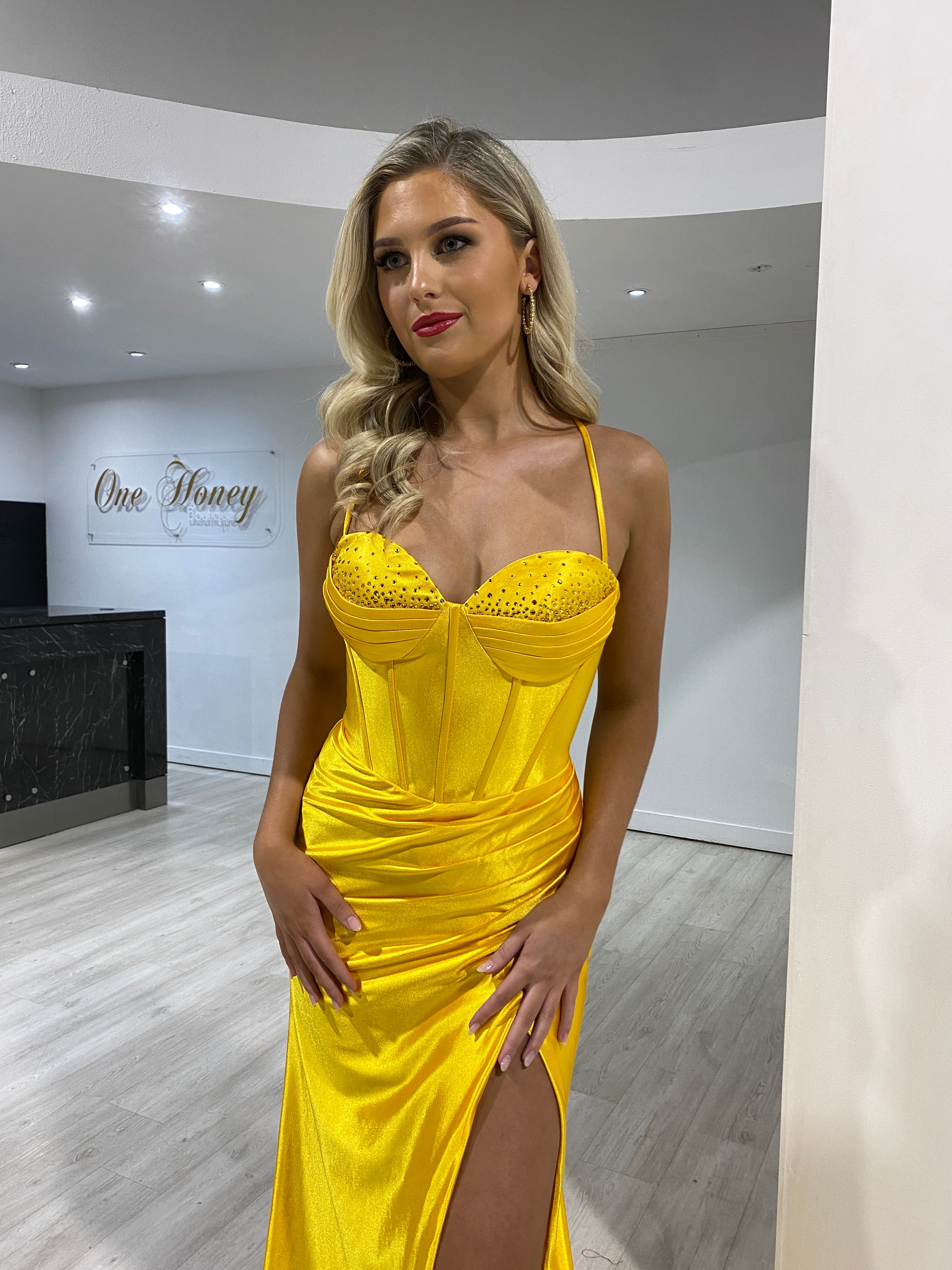 Honey Couture RAFAELLA Yellow Crystal Diamante Bustier Corset Lace Up Back Silky Mermaid Formal Dress