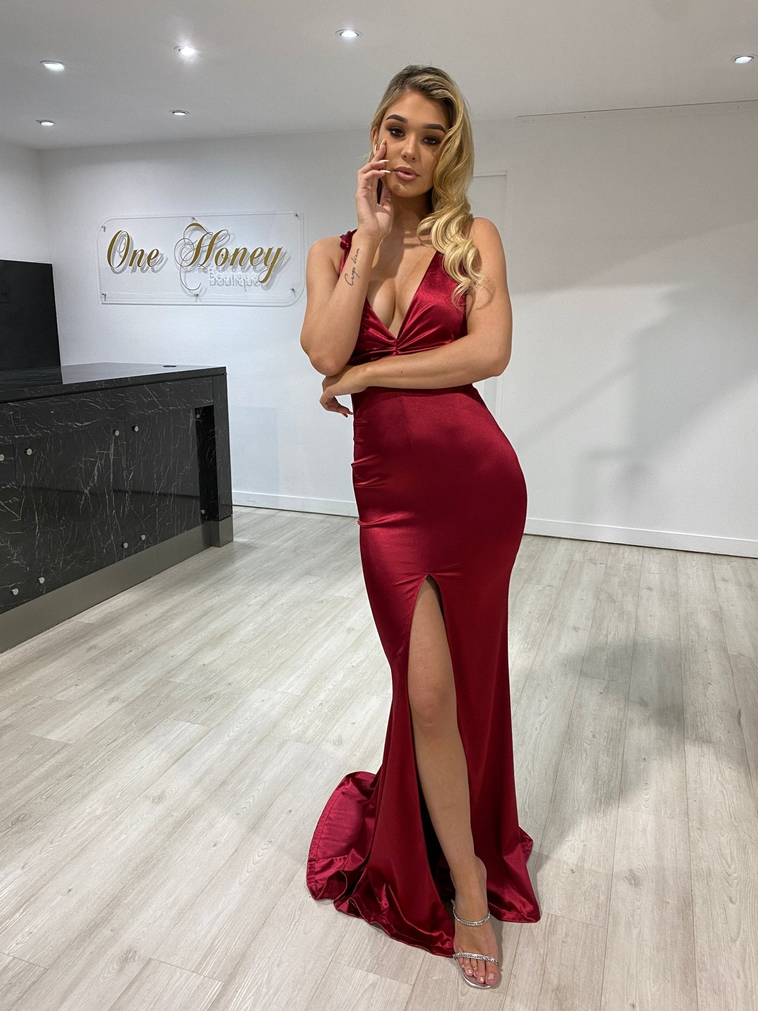 Honey Couture RACHEL Burgundy V Front Silky Formal Dress in Australia | One Honey Boutique