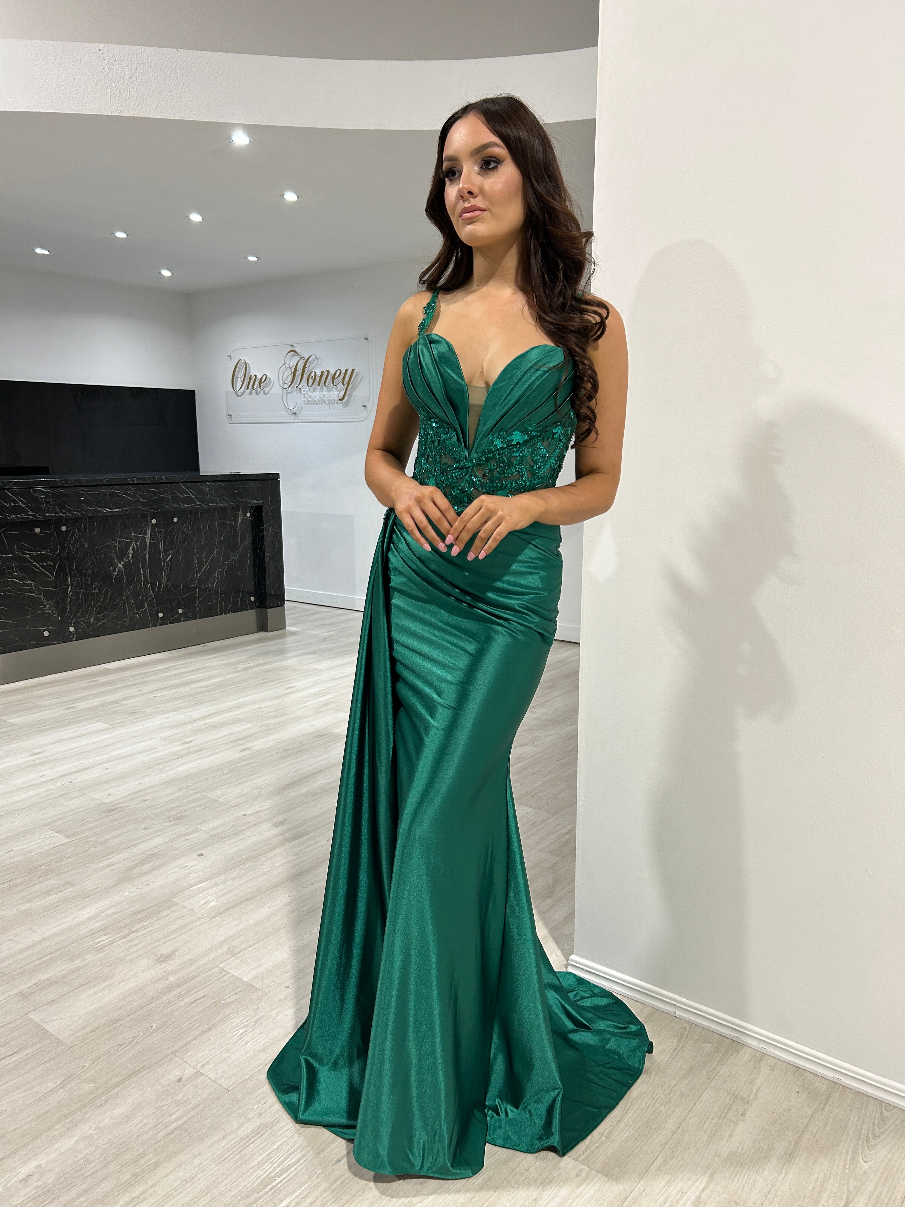 ANTONIA embellished corset satin mermaid formal dress with pleated bust and side satin sash, evening gown. Brisbane to Gold Coast.