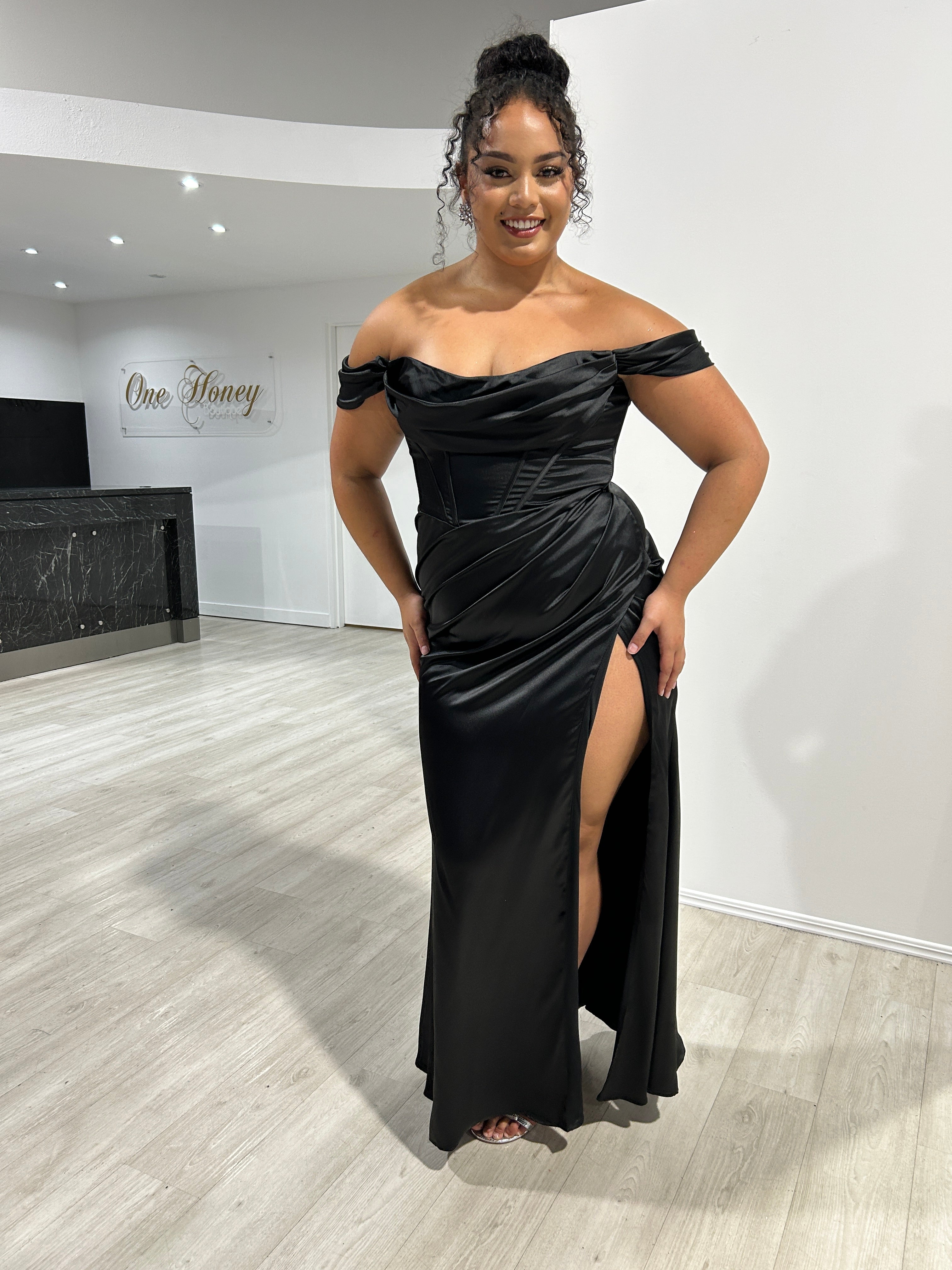 CECE Curve satin off-the-shoulder corset bustier formal dress with cowl neckline and leg slit. Perfect for formal events. Brisbane to Gold Coast.