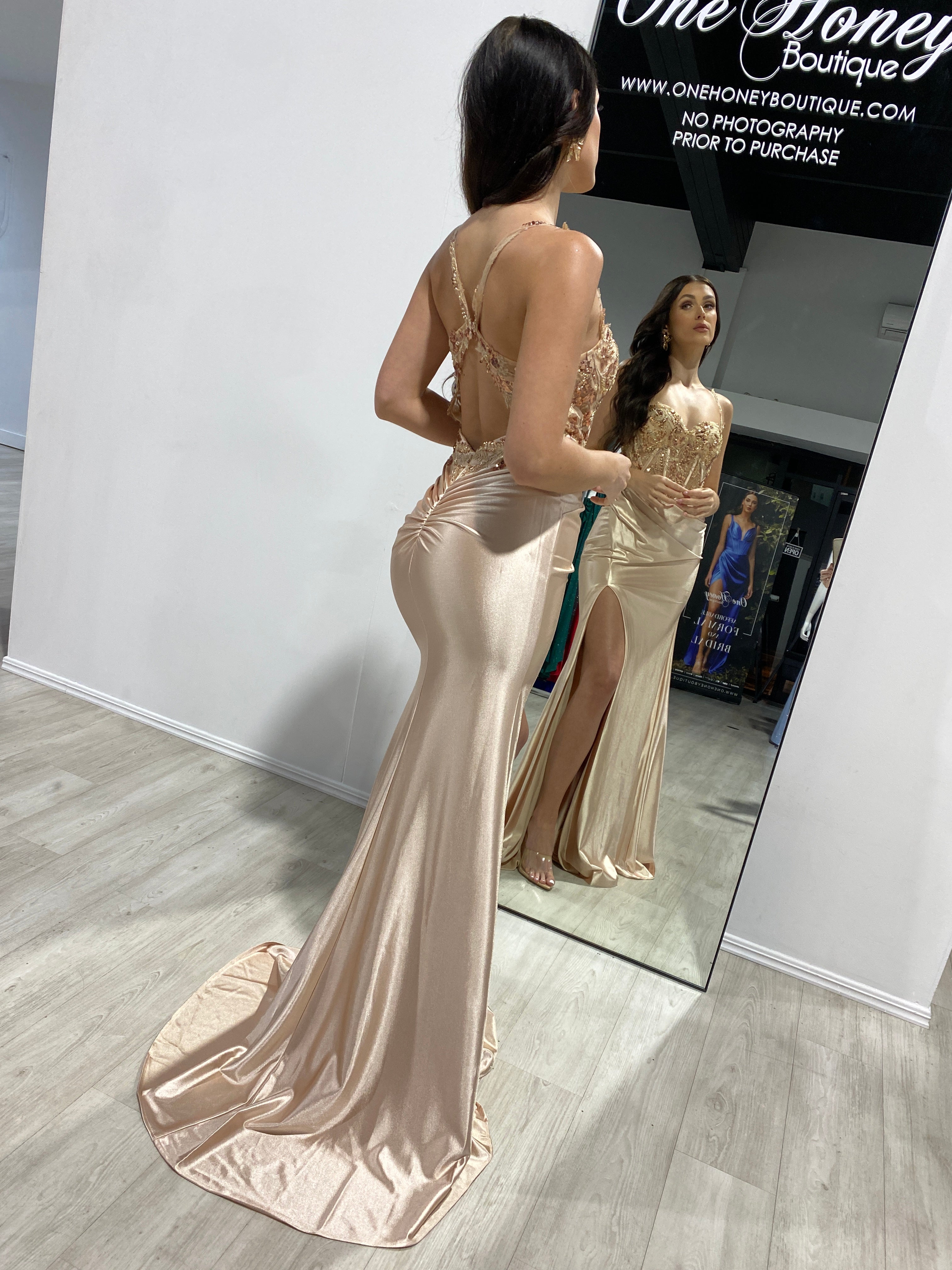 SALMA Embellished Bustier Corset with lace bodice and sheer back, satin mermaid formal dress. Evening gown Brisbane to Gold Coast.