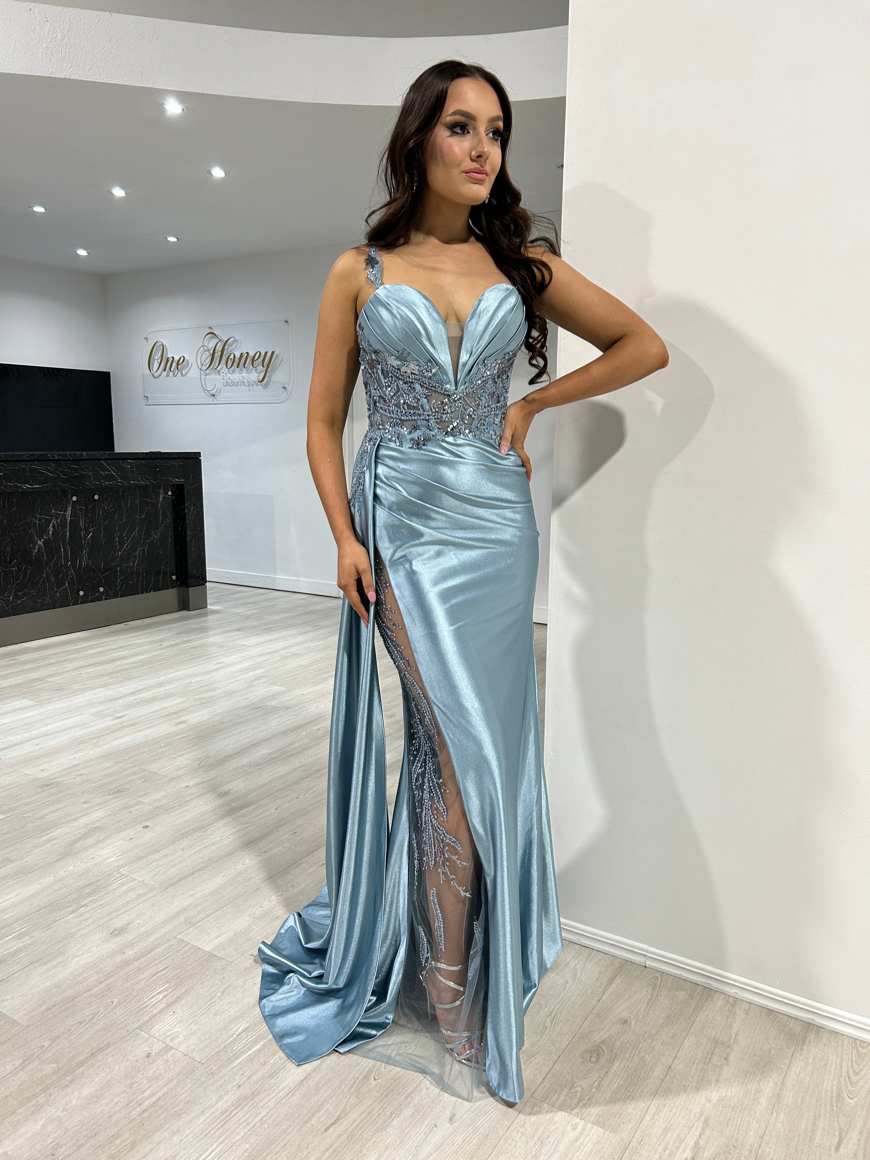 ANTONIA Embellished Corset Satin Mermaid Formal Dress with lace waistline, sheer leg slit, evening gown. Brisbane to Gold Coast.