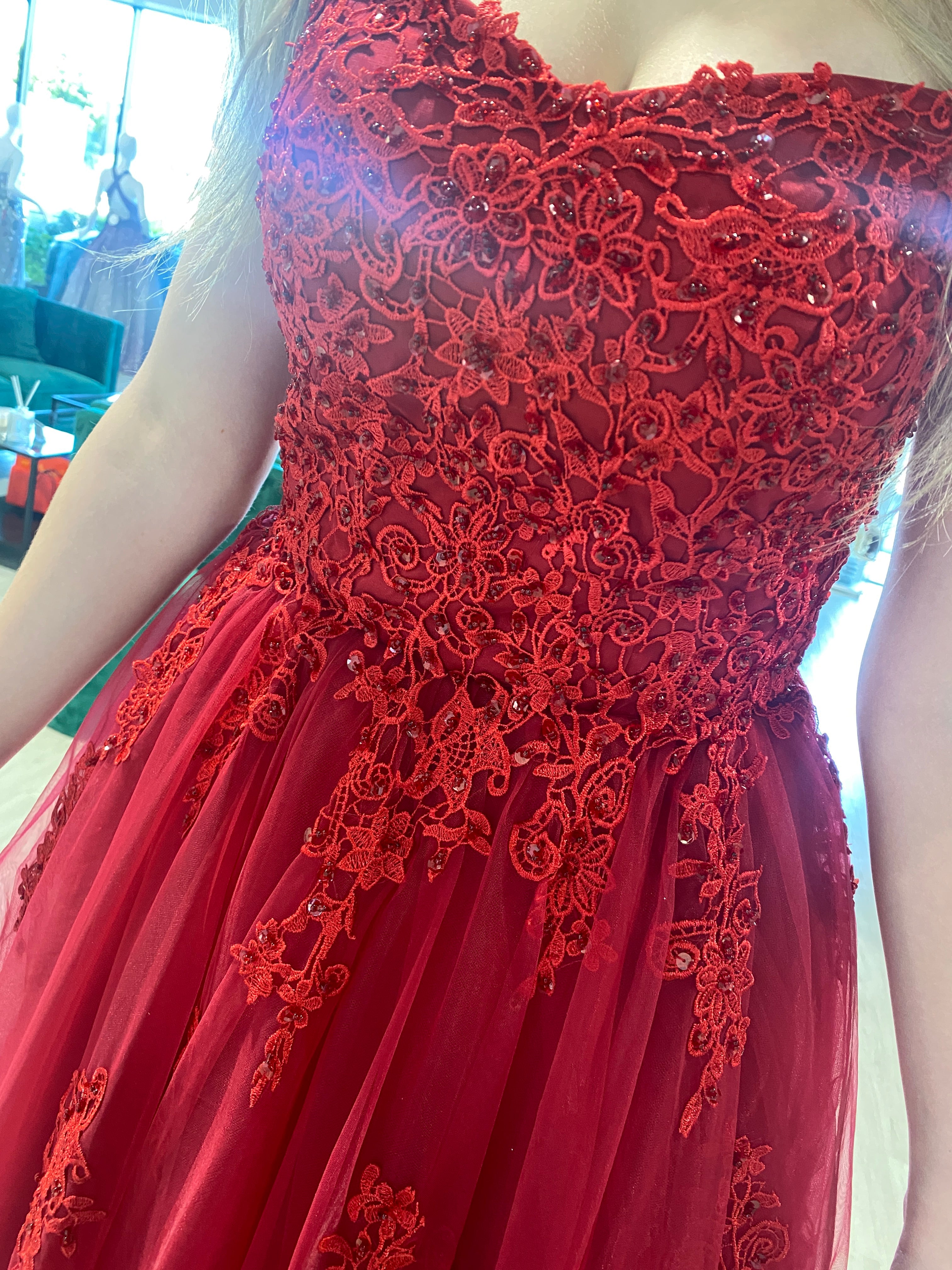 Close-up of Honey Couture FREYA red corset dress with beaded lace bodice, perfect for pageants and formal events by Australian Designer.