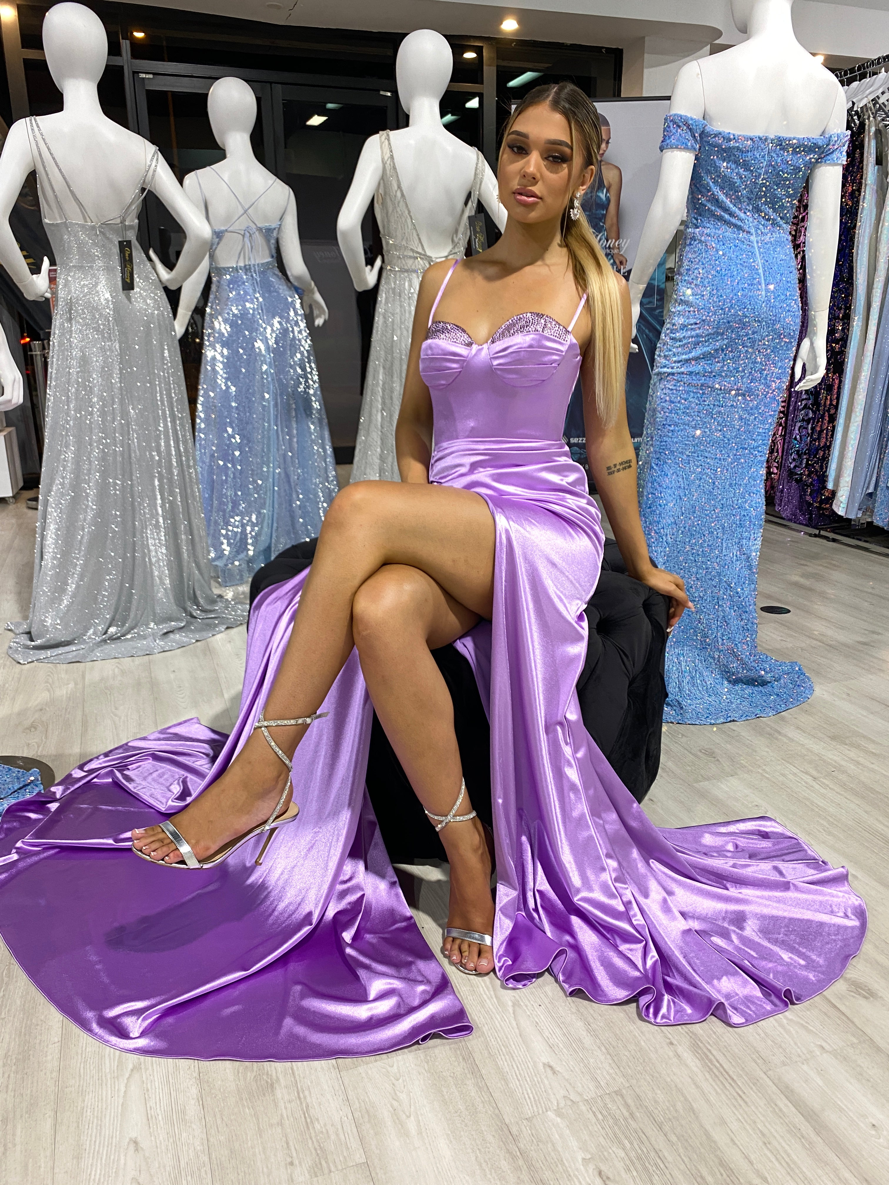 Honey Couture CECILA Lavender Purple Diamante Bustier Formal Dress