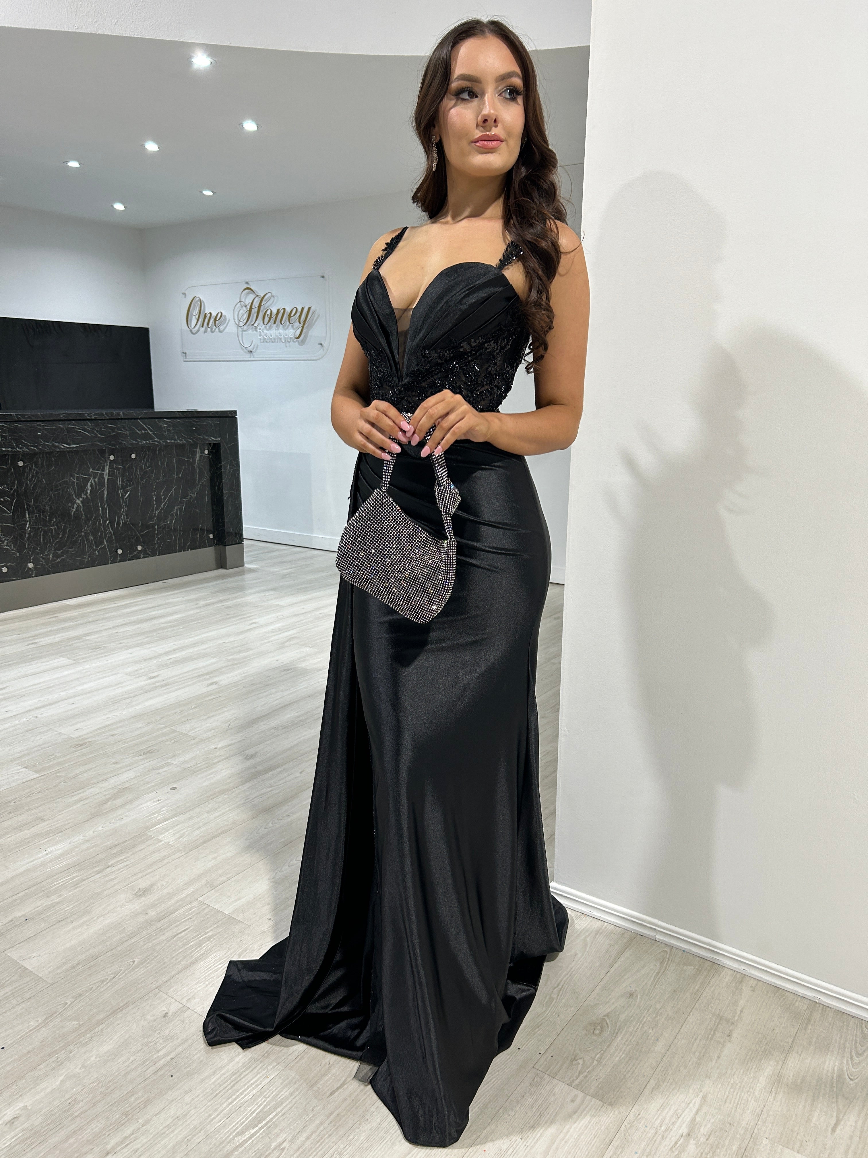ANTONIA Embellished Corset Satin Mermaid Formal Dress with lace waist and sheer leg slit, perfect for formal events from Brisbane to Gold Coast.