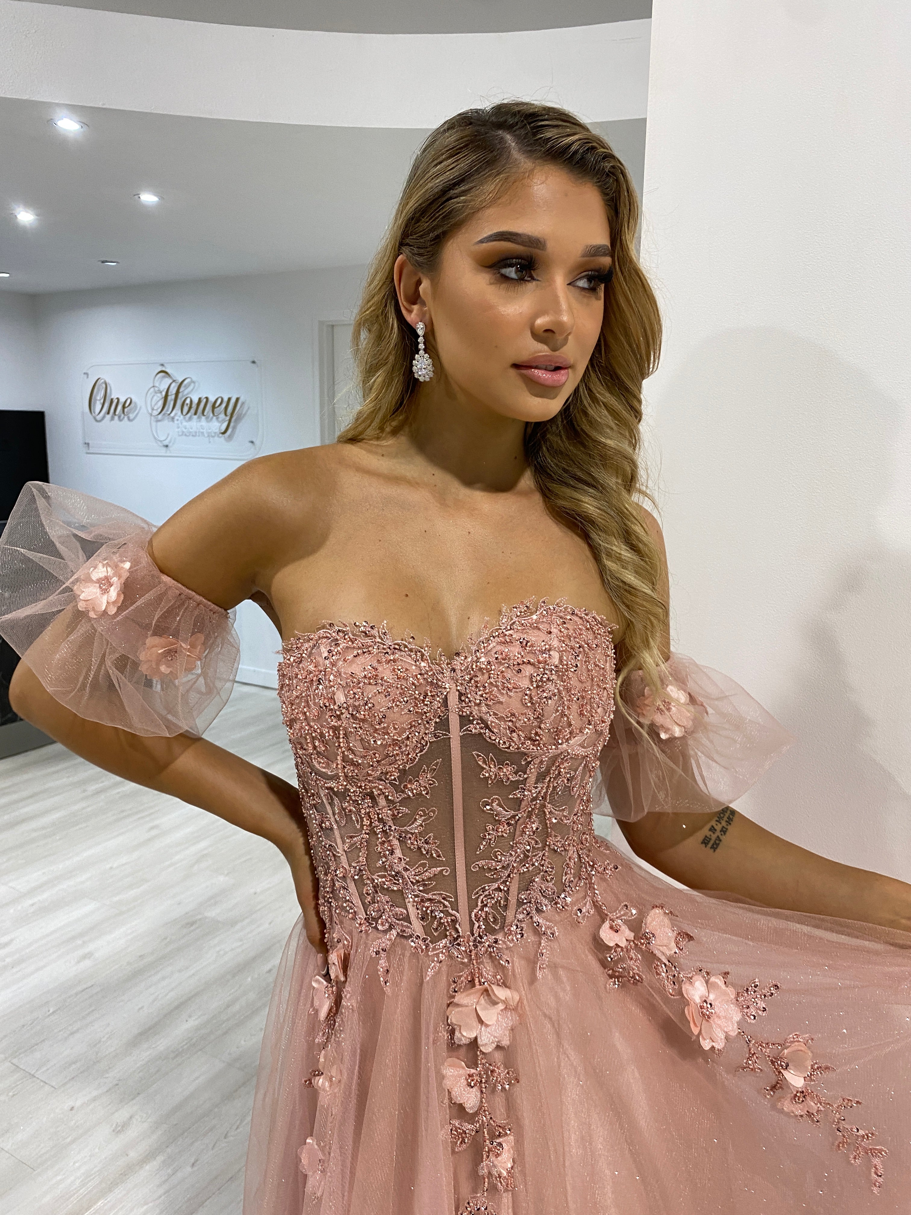 BLOOM bustier dress with lace applique and tulle skirt, strapless formal gown. Brisbane to Gold Coast.