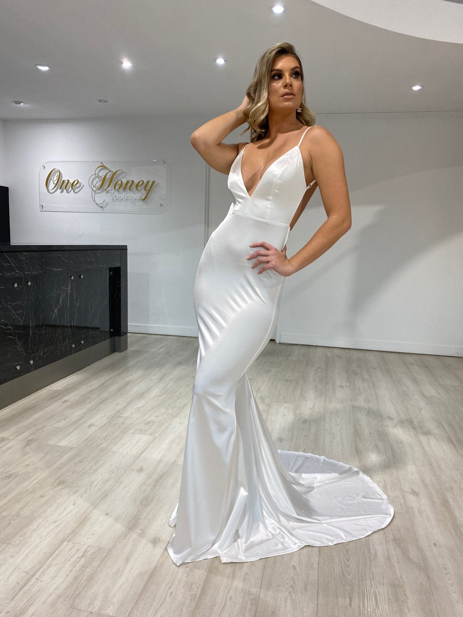Honey Couture MILEE White Low Back Mermaid Evening Gown Dress w No Leg Split in Australia | One Honey Boutique