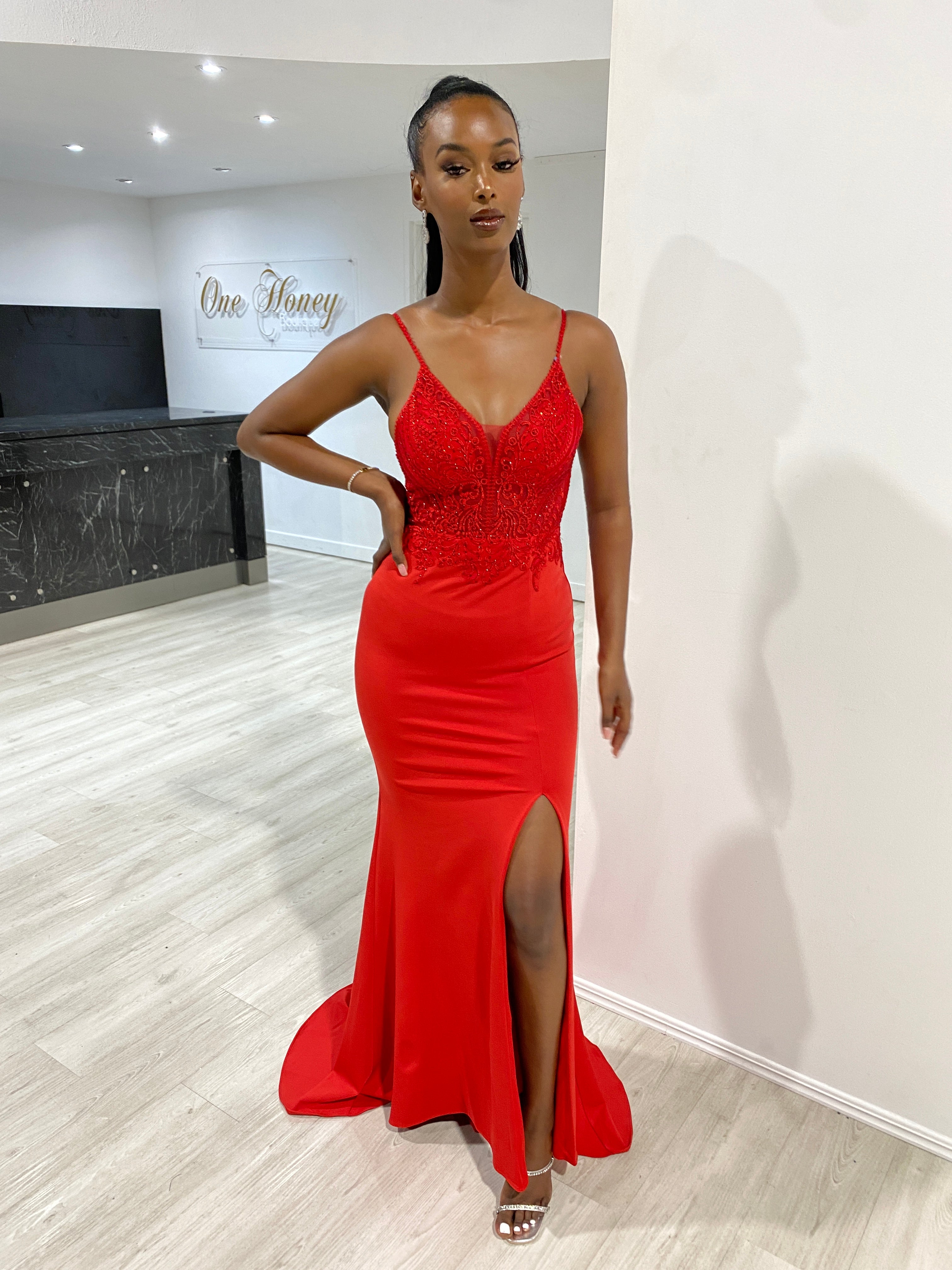 Honey Couture MIREN Red Lace Applique Mermaid Formal Dress, Australian Designer, Prom Dress, Evening Gown, Affordable, Limited Edition