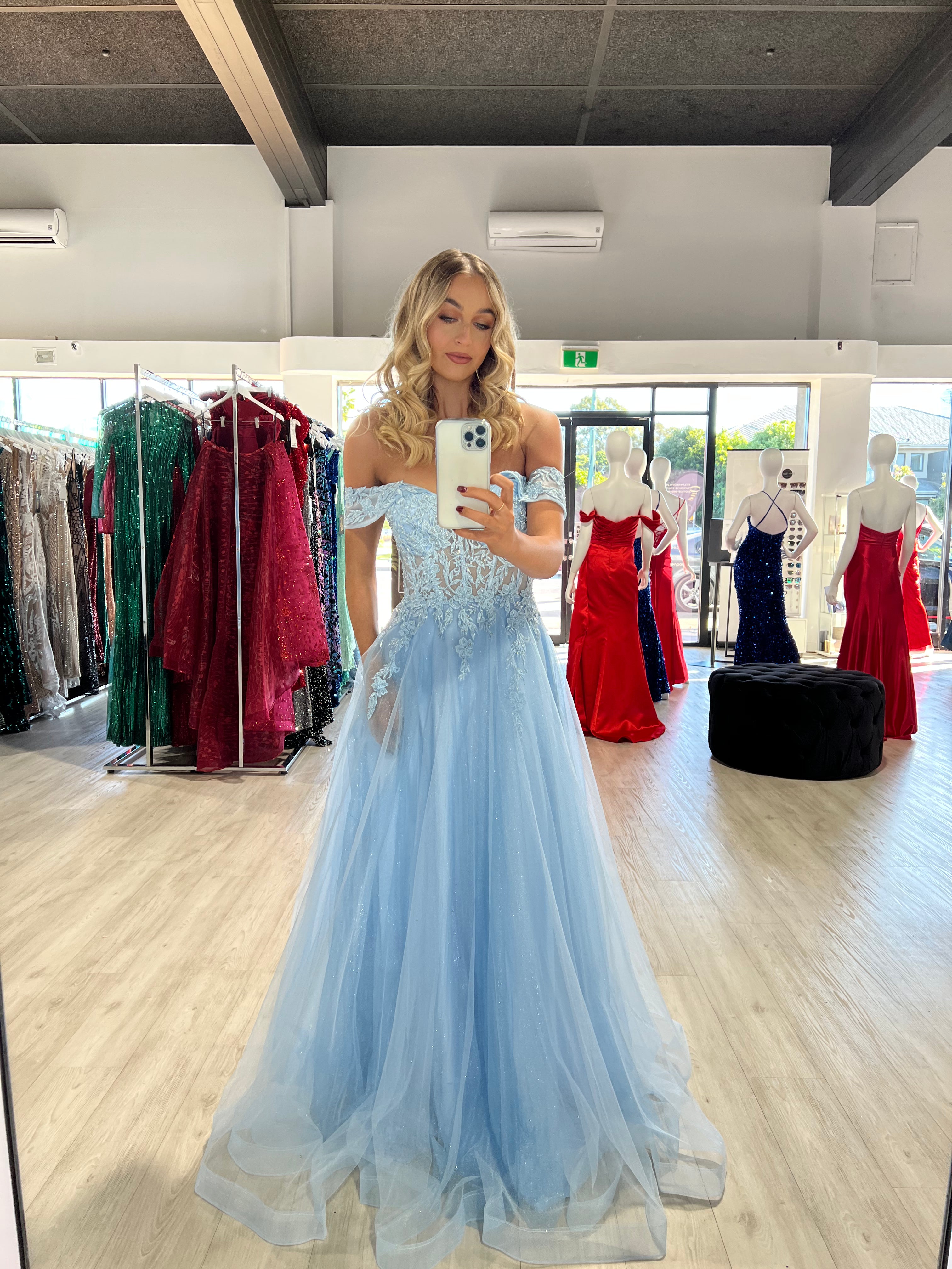 DEJA Lace Applique Corset Back Off Shoulder Ballgown