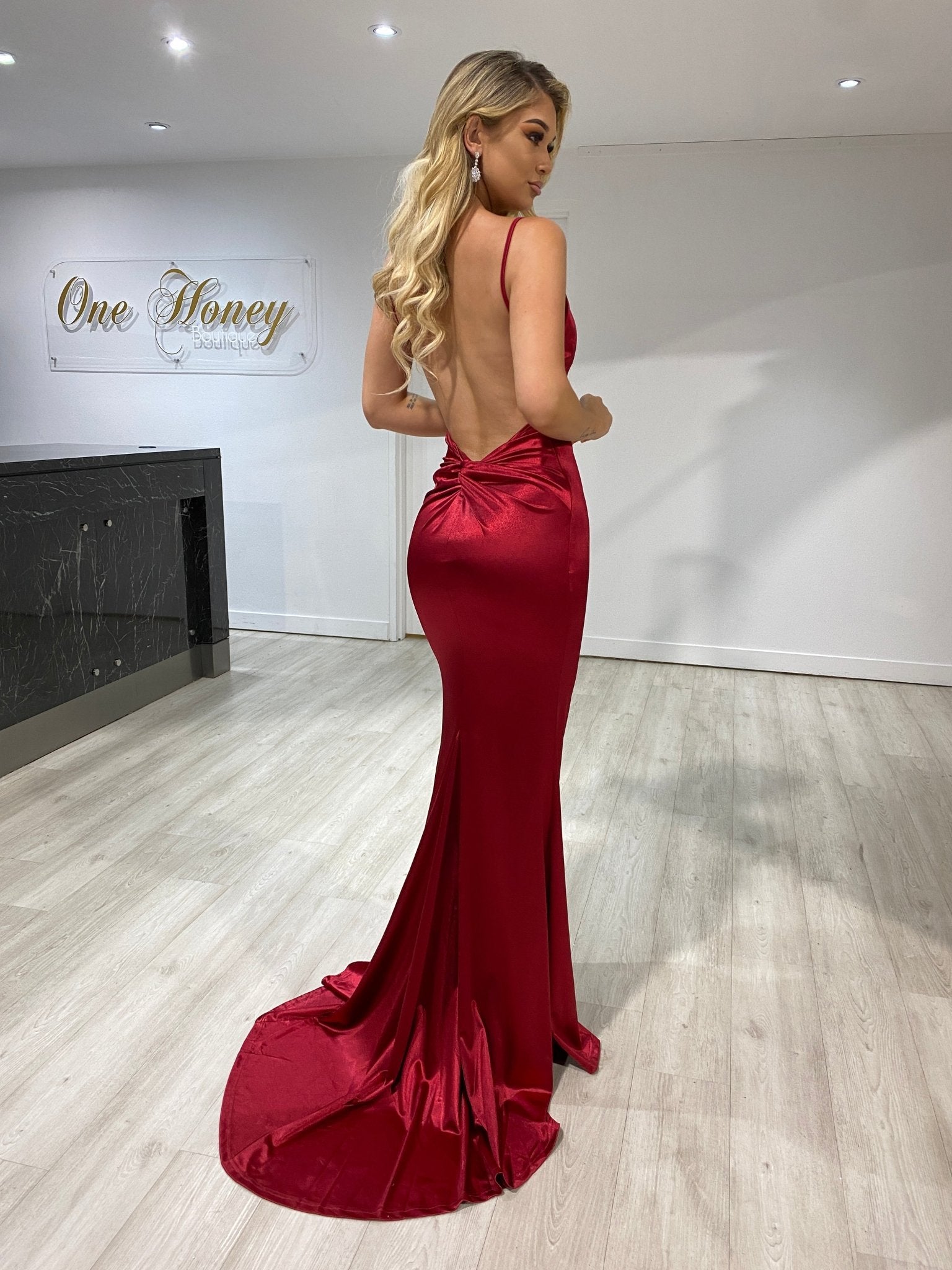Honey Couture SAMARA Burgundy Knot Feature Low Back Silky Mermaid Formal Gown in Australia | One Honey Boutique