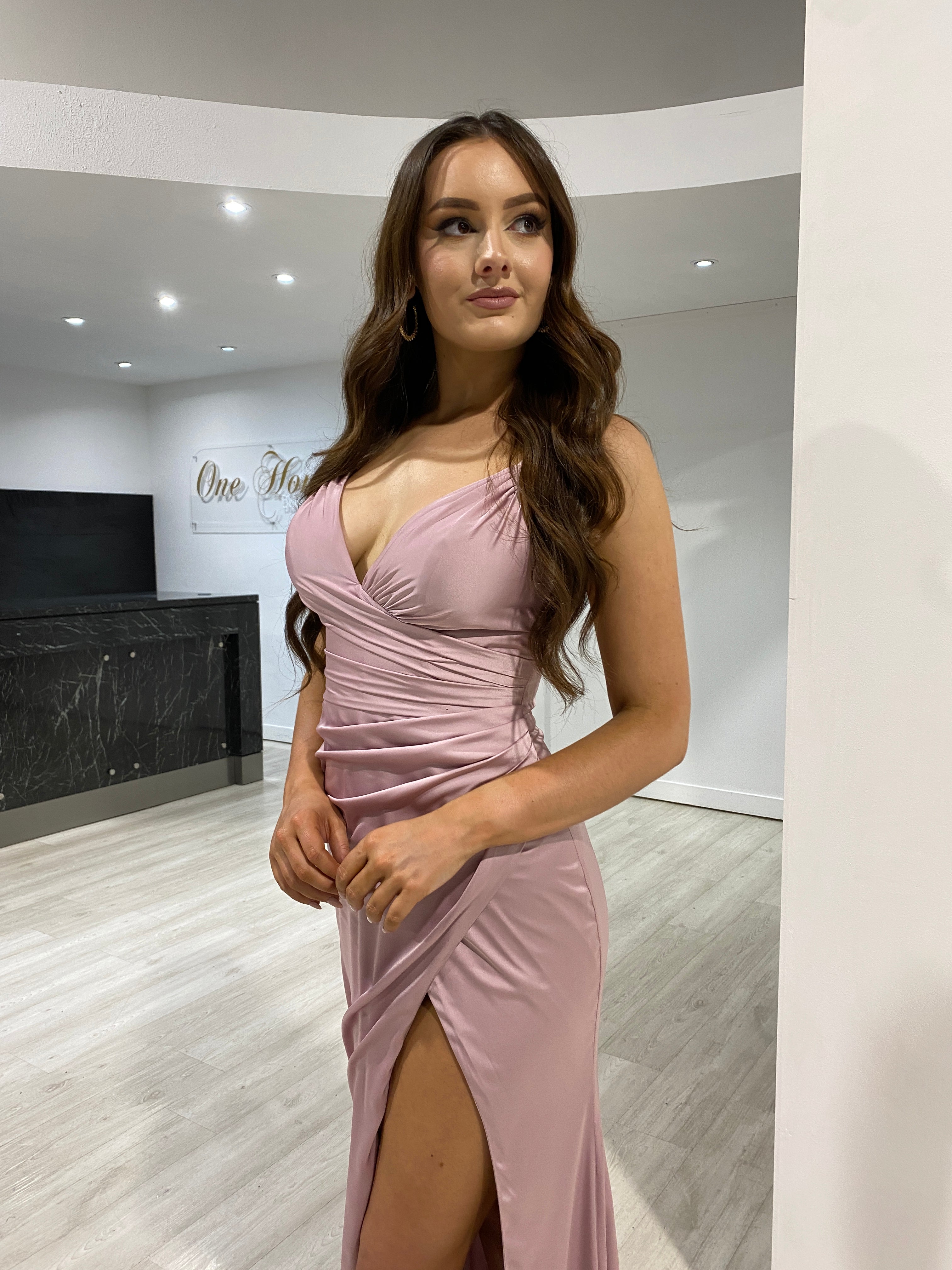 ELOISE Silky Semi Formal Dress with Ruched Waist and Leg Split. Elegant gown with V-neckline. Perfect for Brisbane to Gold Coast.