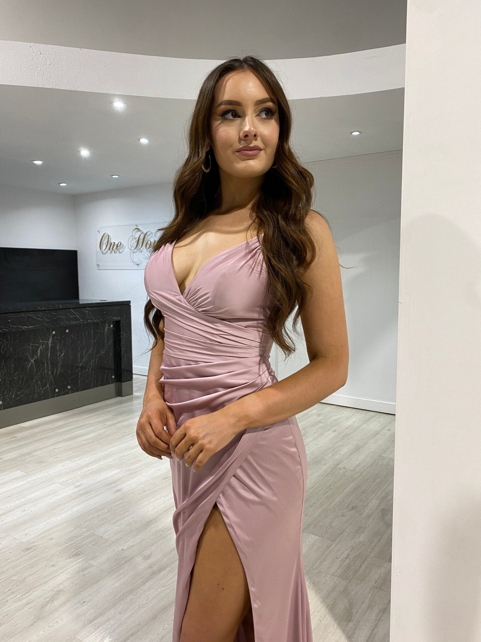 ELOISE Ruched Leg Split Silky Bridesmaid Semi Formal Dress in Australia | One Honey Boutique