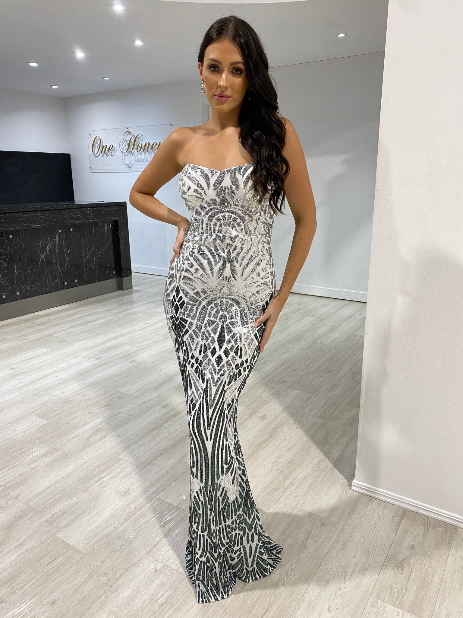 Honey Couture CIENNA White Silver & Black Lace Up Mermaid Formal Dress in Australia | One Honey Boutique