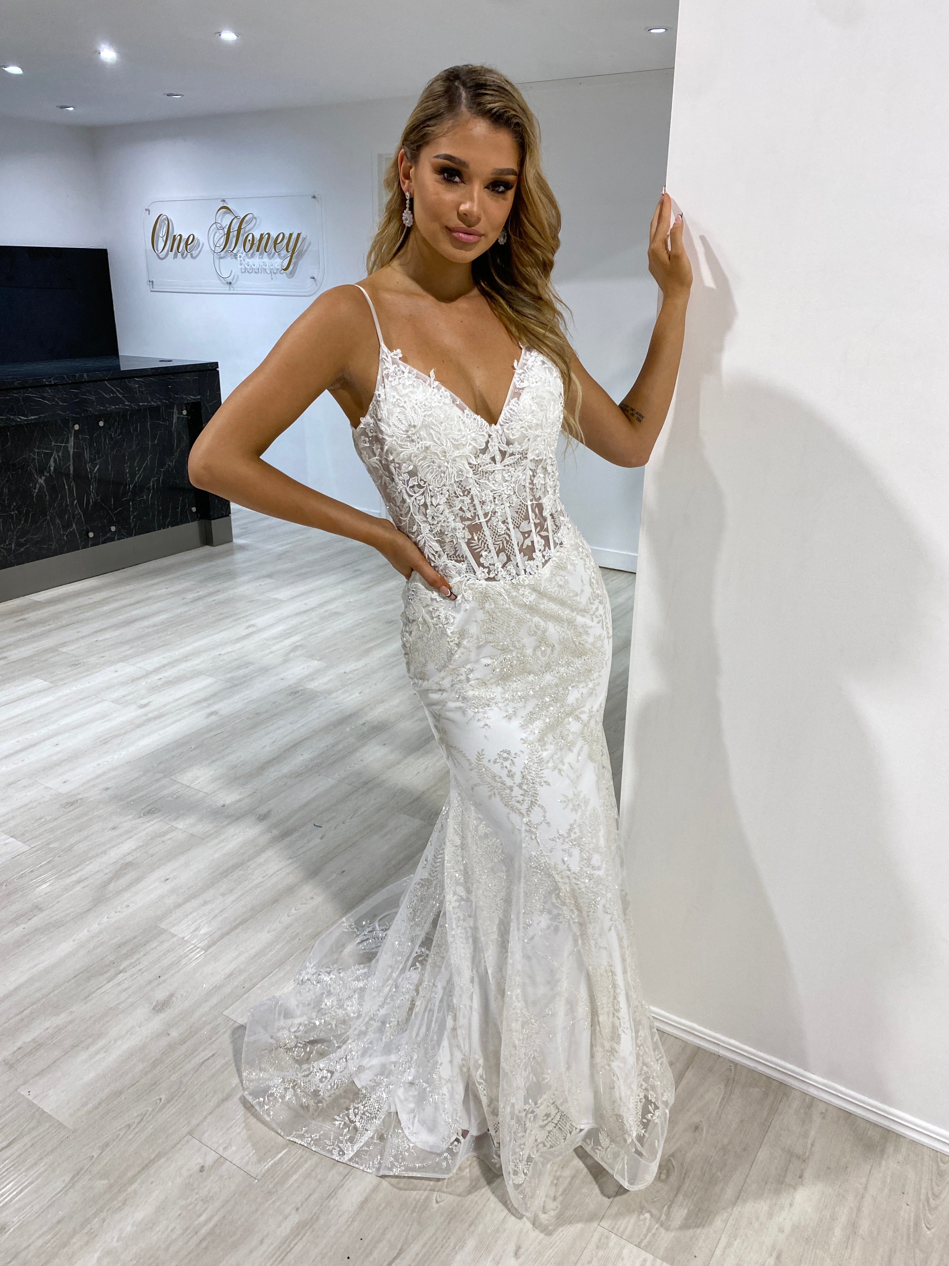 Honey Couture VALENTINA Off White Sequin Corset Mermaid Formal Gown Dress