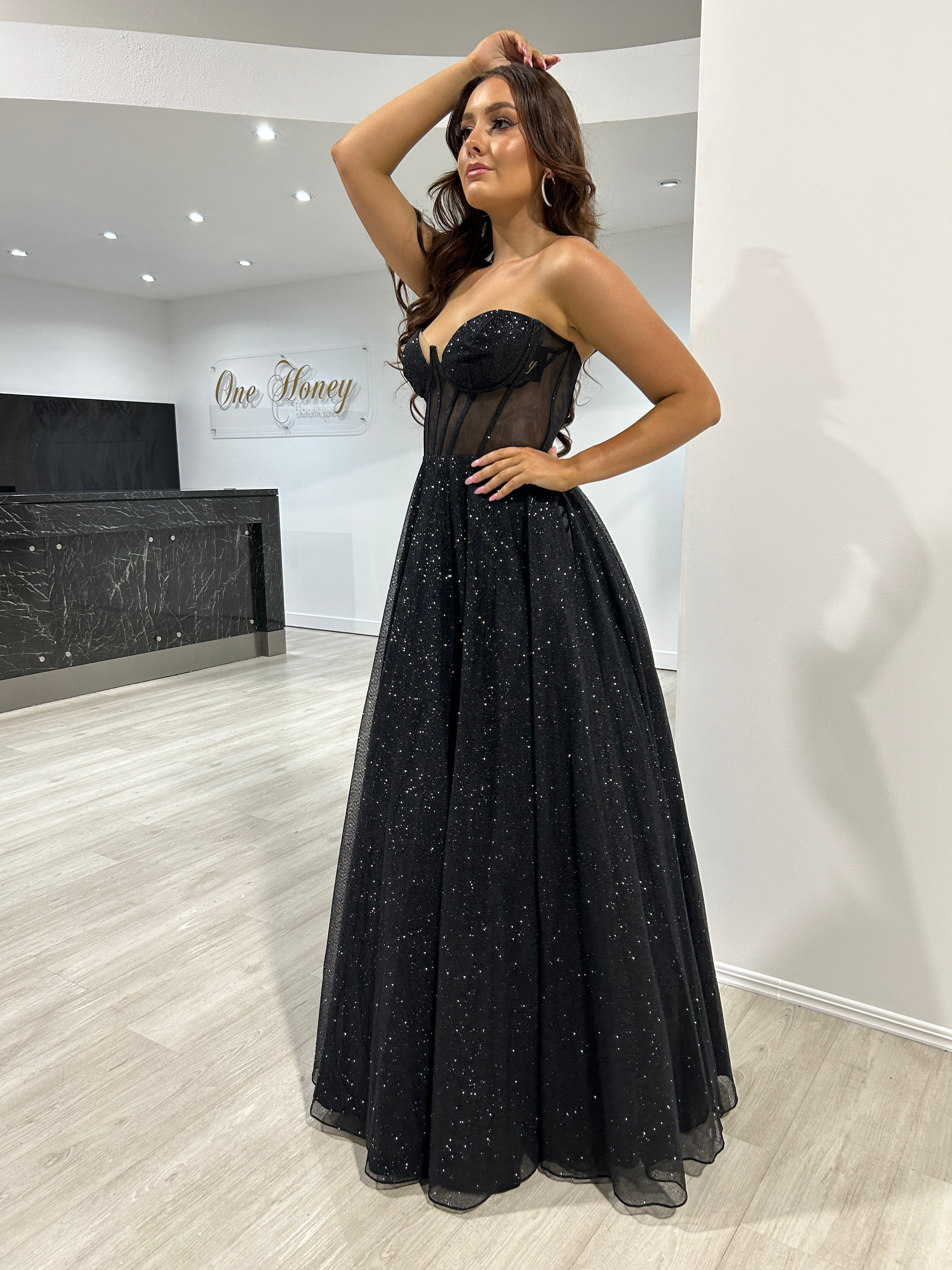 ALOMA Glitter Corset Strapless Formal Dress with sheer boned bodice, evening gown, elegant style for events, Brisbane to Gold Coast