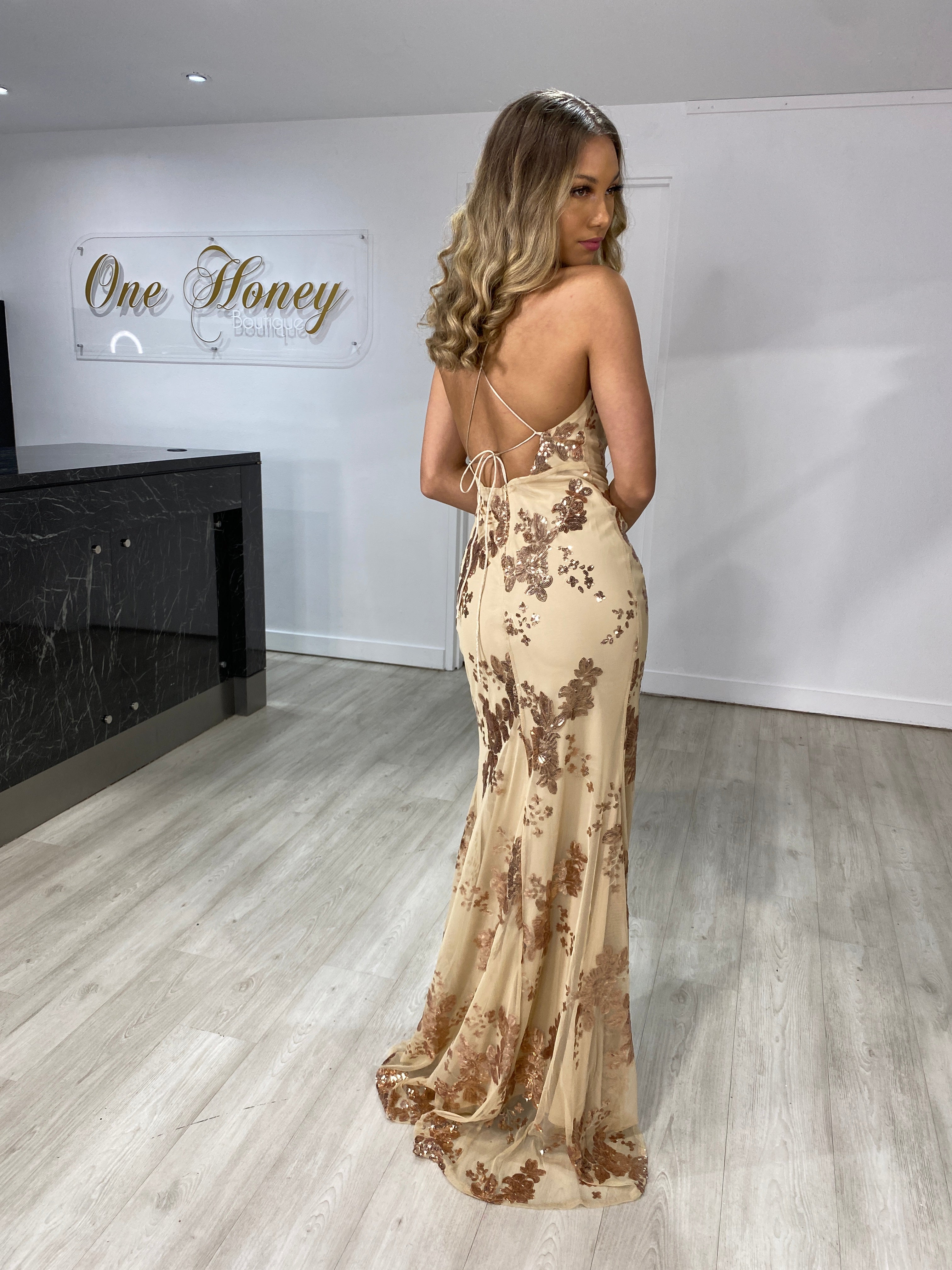 Honey Couture ZALI Nude & Gold Sequin Formal Gown
