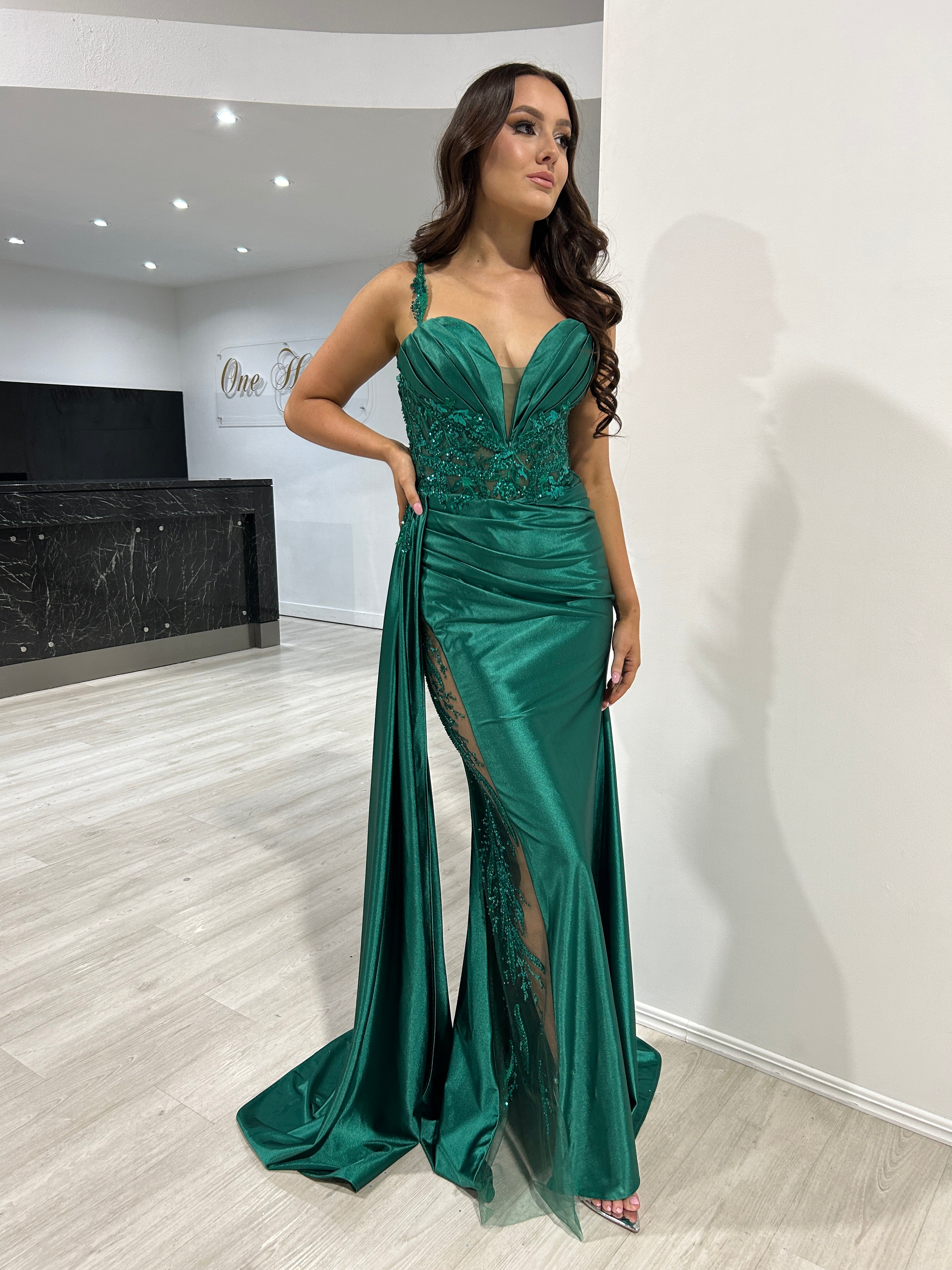 ANTONIA green satin mermaid evening gown with lace bodice and beaded slit, perfect for formal events, Brisbane to Gold Coast.