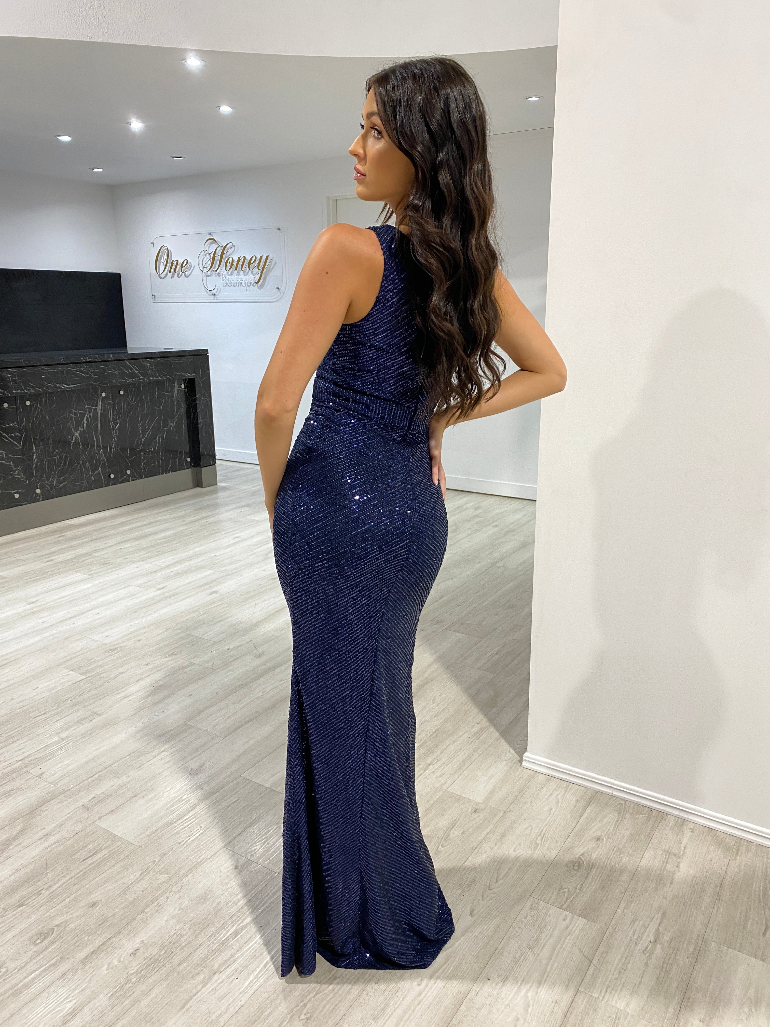 Honey Couture ALEXA Navy Blue One Shoulder Cut Out Formal Dress