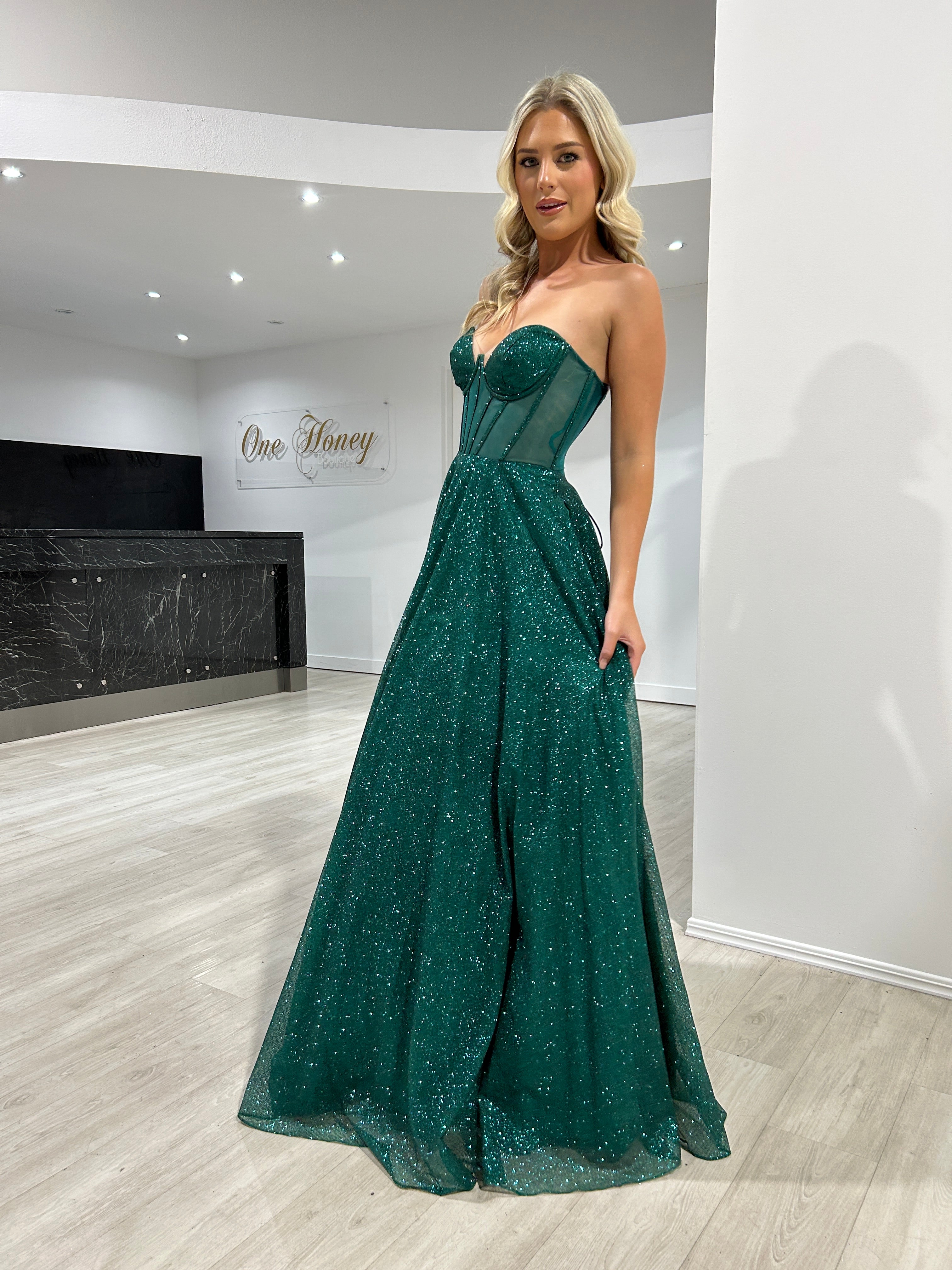ALOMA Glitter Corset Strapless Formal Dress with sheer boned bodice, evening gown style. Brisbane to Gold Coast, Australia.