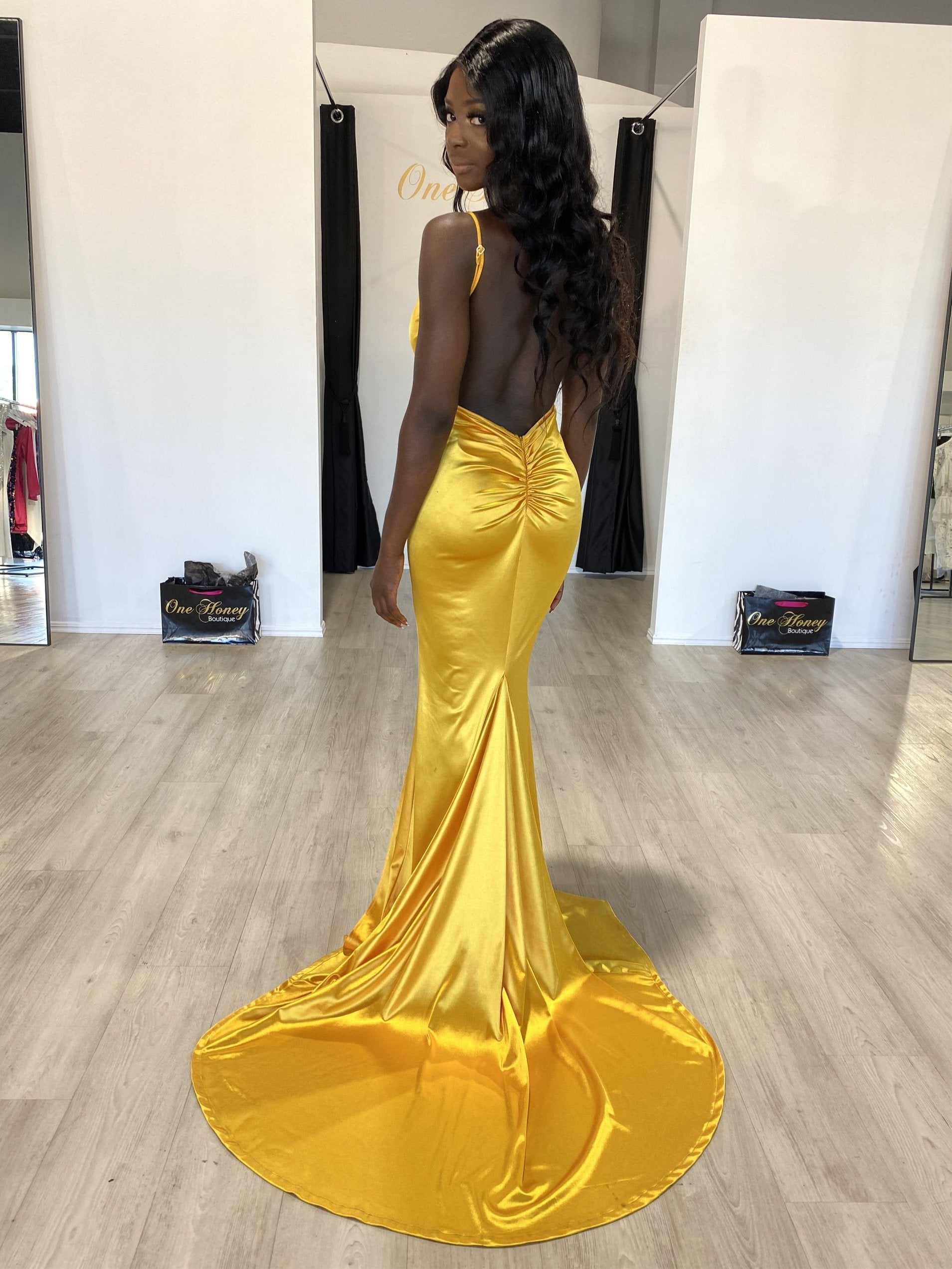 Honey Couture MILEE Yellow Low Back Mermaid Evening Gown Dress w Leg Split