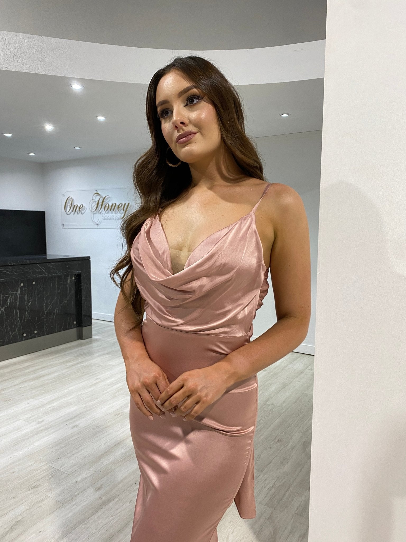 TALEAH Cowl Neck Tie Back Silky Bridesmaid Semi Formal Dress in Australia | One Honey Boutique