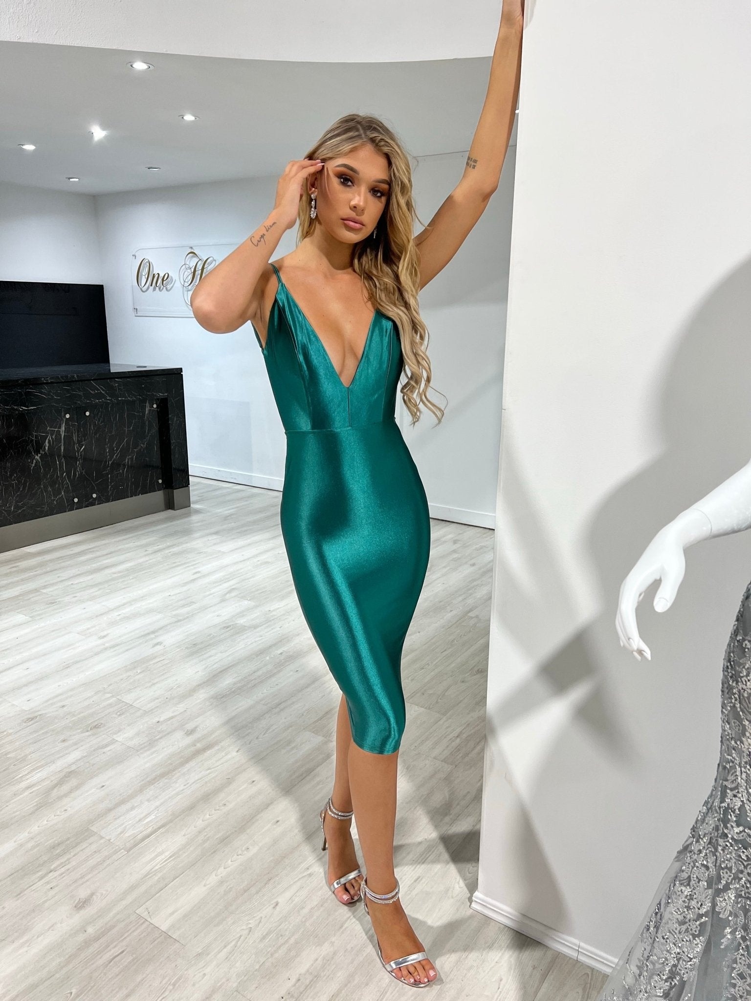 Honey Couture MILEE Emerald Green Low Back Midi Dress in Australia | One Honey Boutique