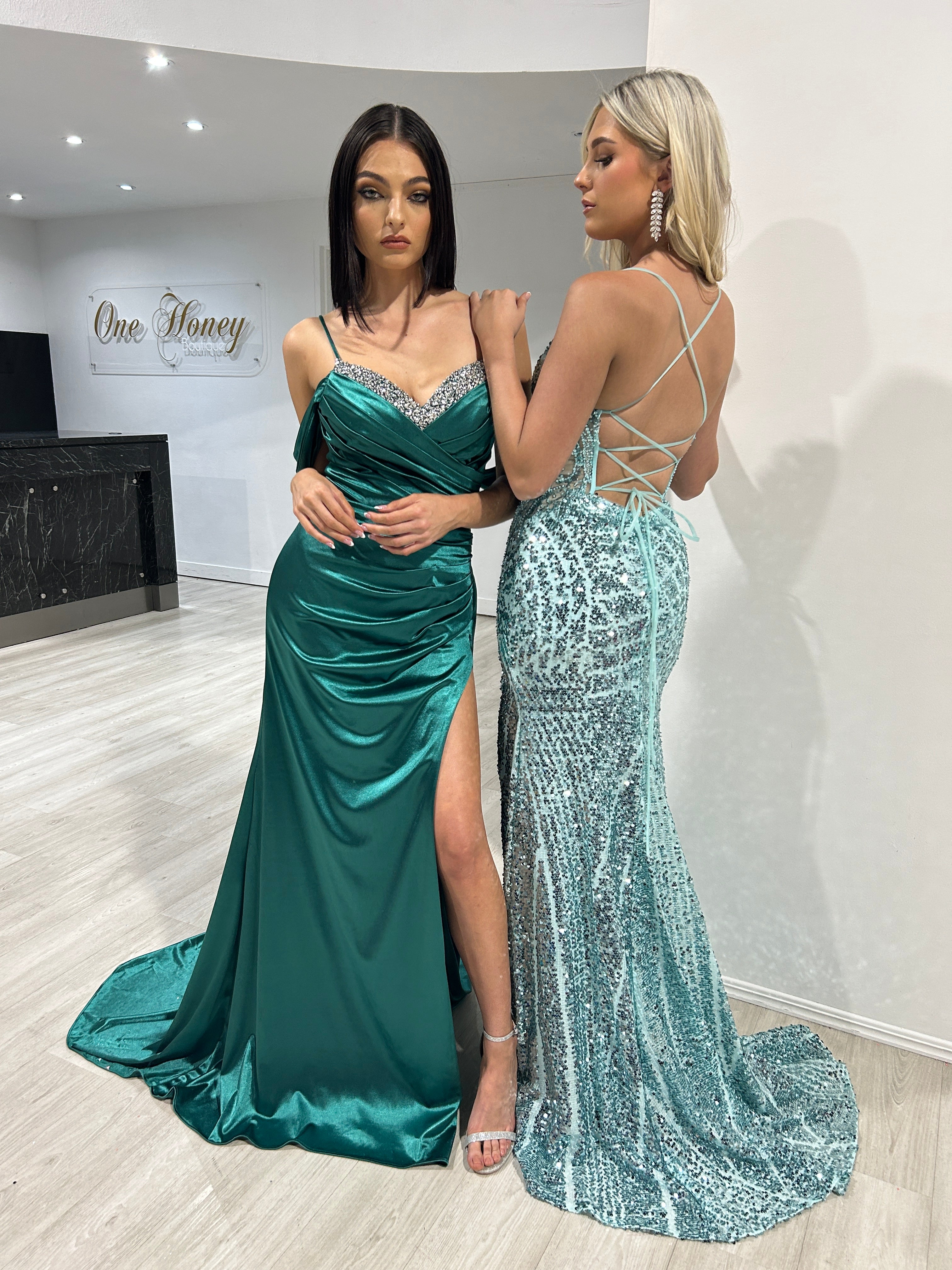 Honey Couture RIRI Emerald Beaded Silky Corset Ruched Formal Gown Dress