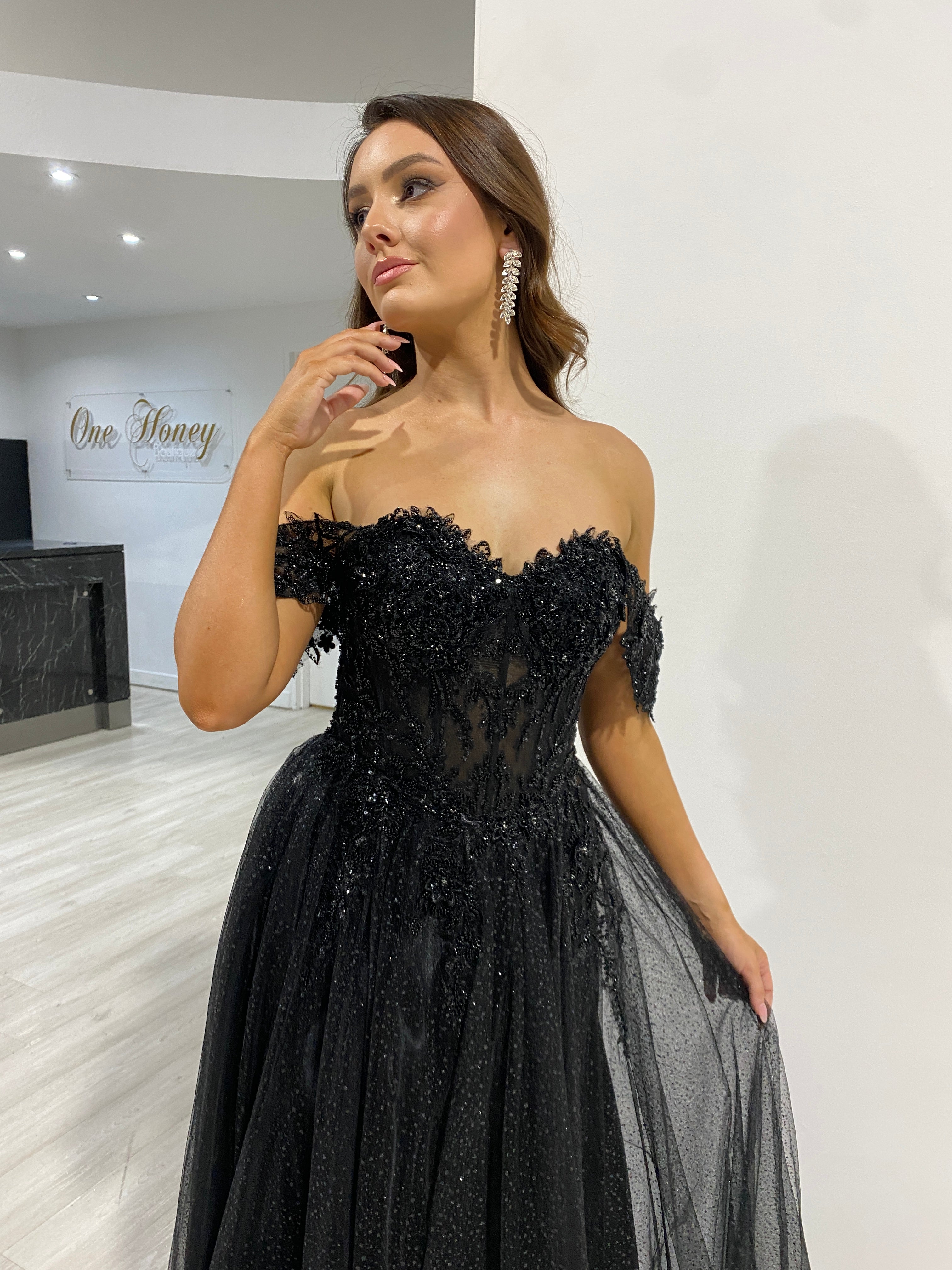PHOEBE black lace applique tulle evening gown with off the shoulder design, perfect for formal events. Brisbane to Gold Coast.