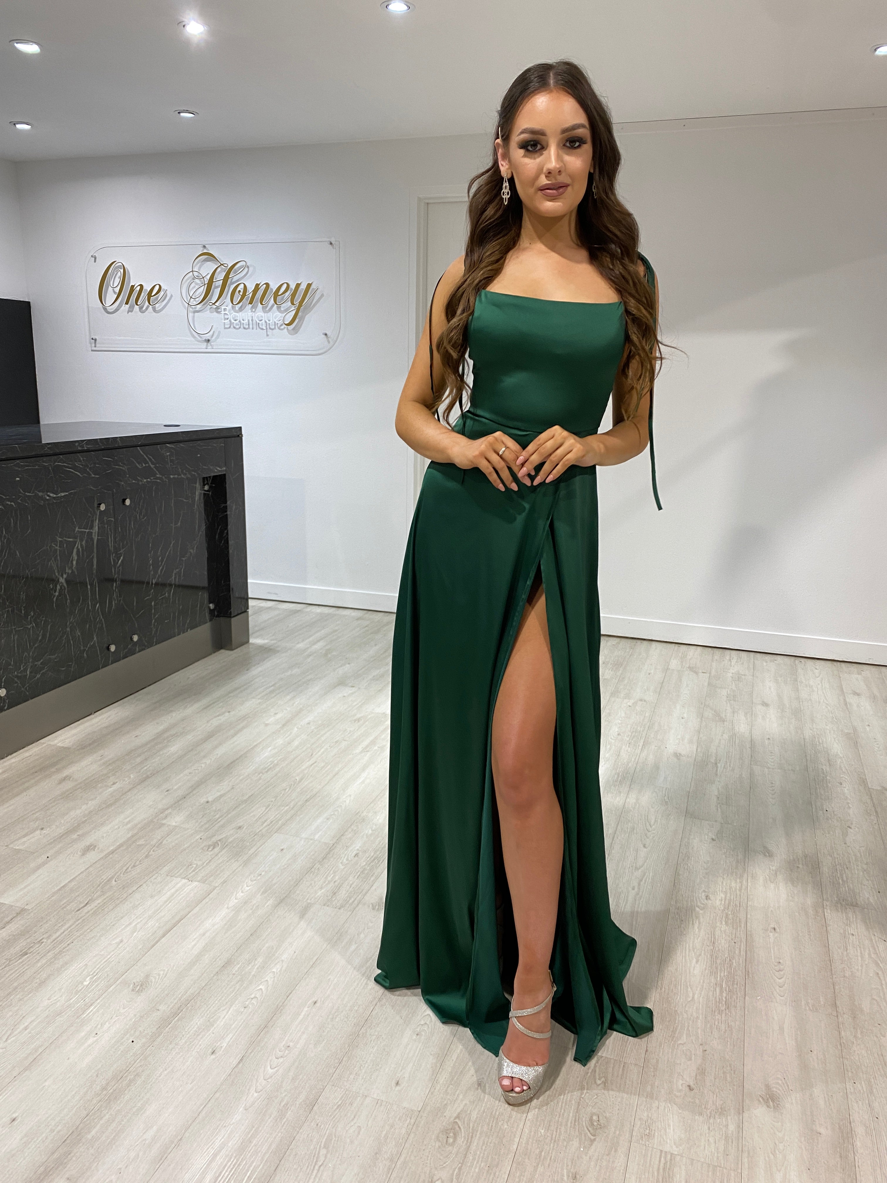 Honey Couture XENIA emerald green formal bridesmaid dress with tie-up straps and leg split by Australian designer, perfect for prom and evening events.