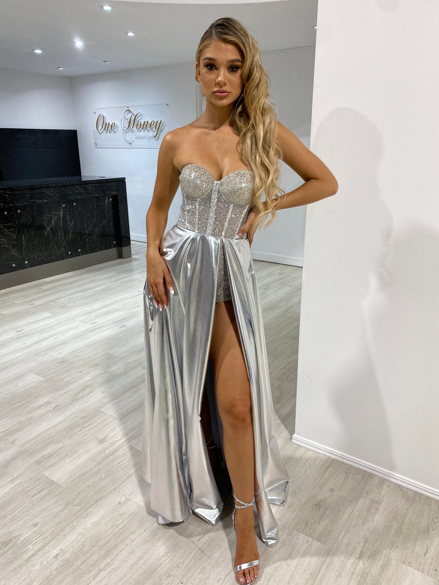 Honey Couture ORBIT Metallic Silver Glitter Beaded Bustier Formal Dress in Australia | One Honey Boutique