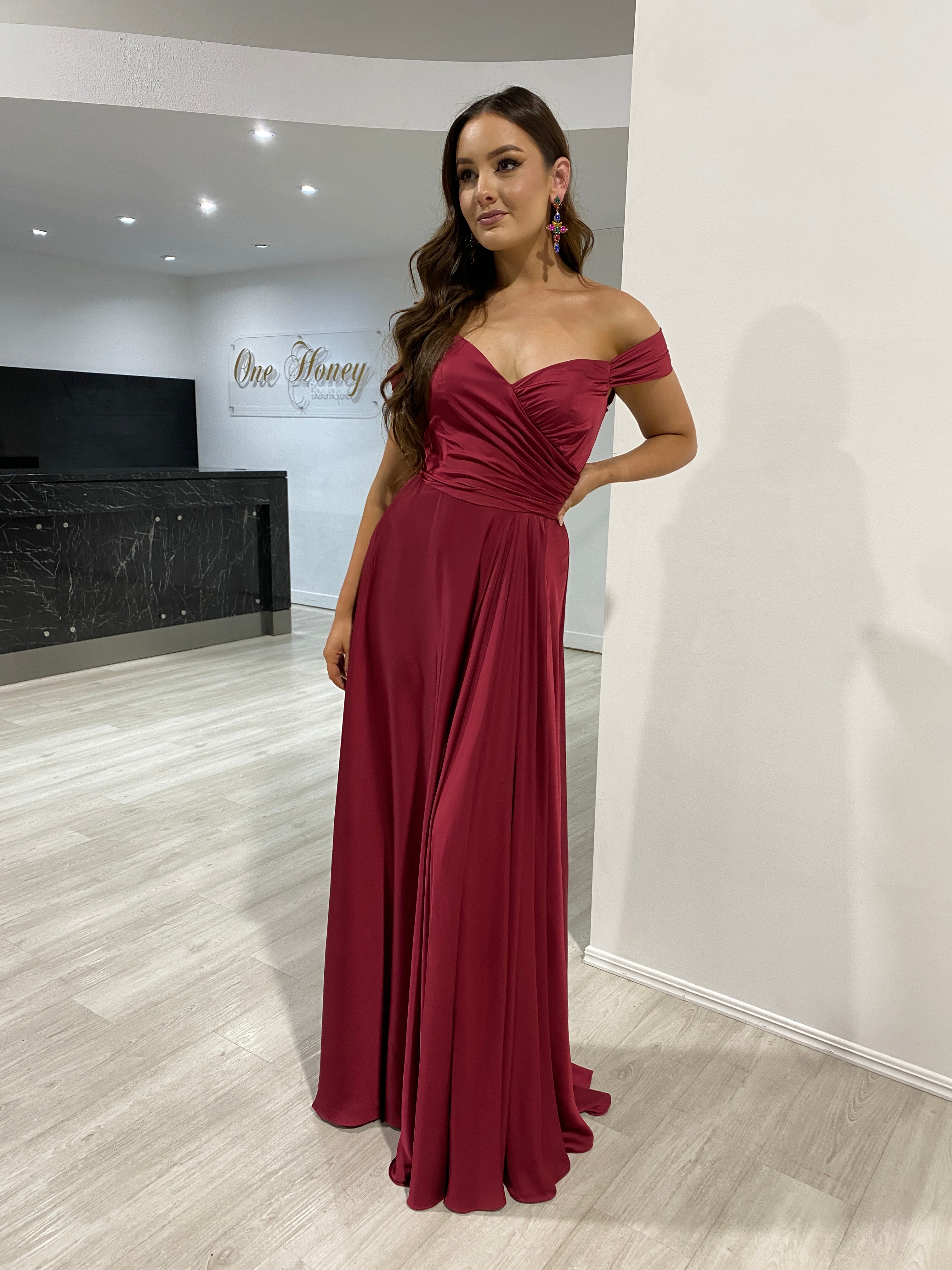 AURA Off the Shoulder silky A-Line formal dress with draped bodice, perfect for bridesmaids. Brisbane to Gold Coast, Australia.
