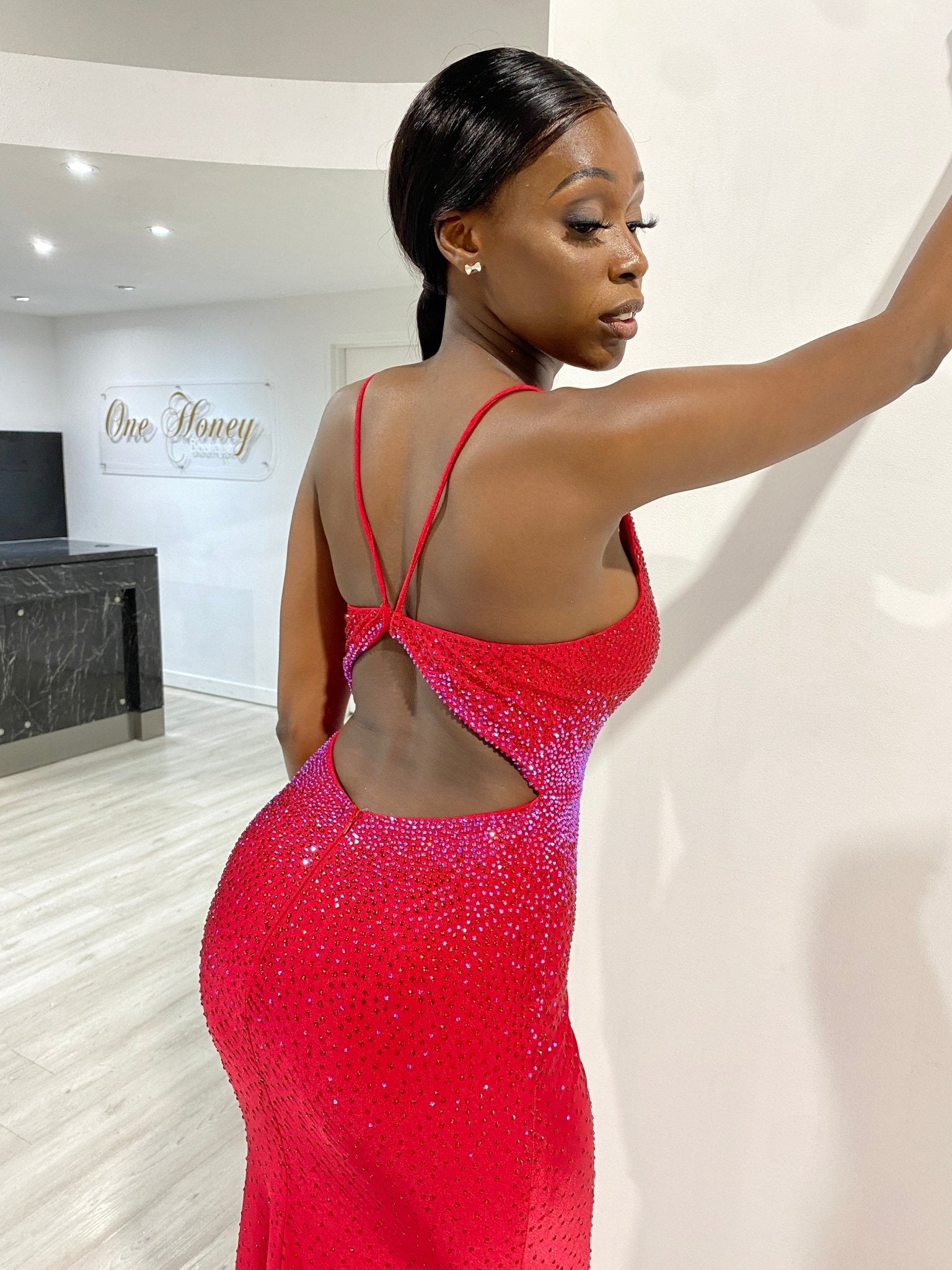 Honey Couture KARLIE Diamante Open Up Mermaid Formal Dress in Australia | One Honey Boutique