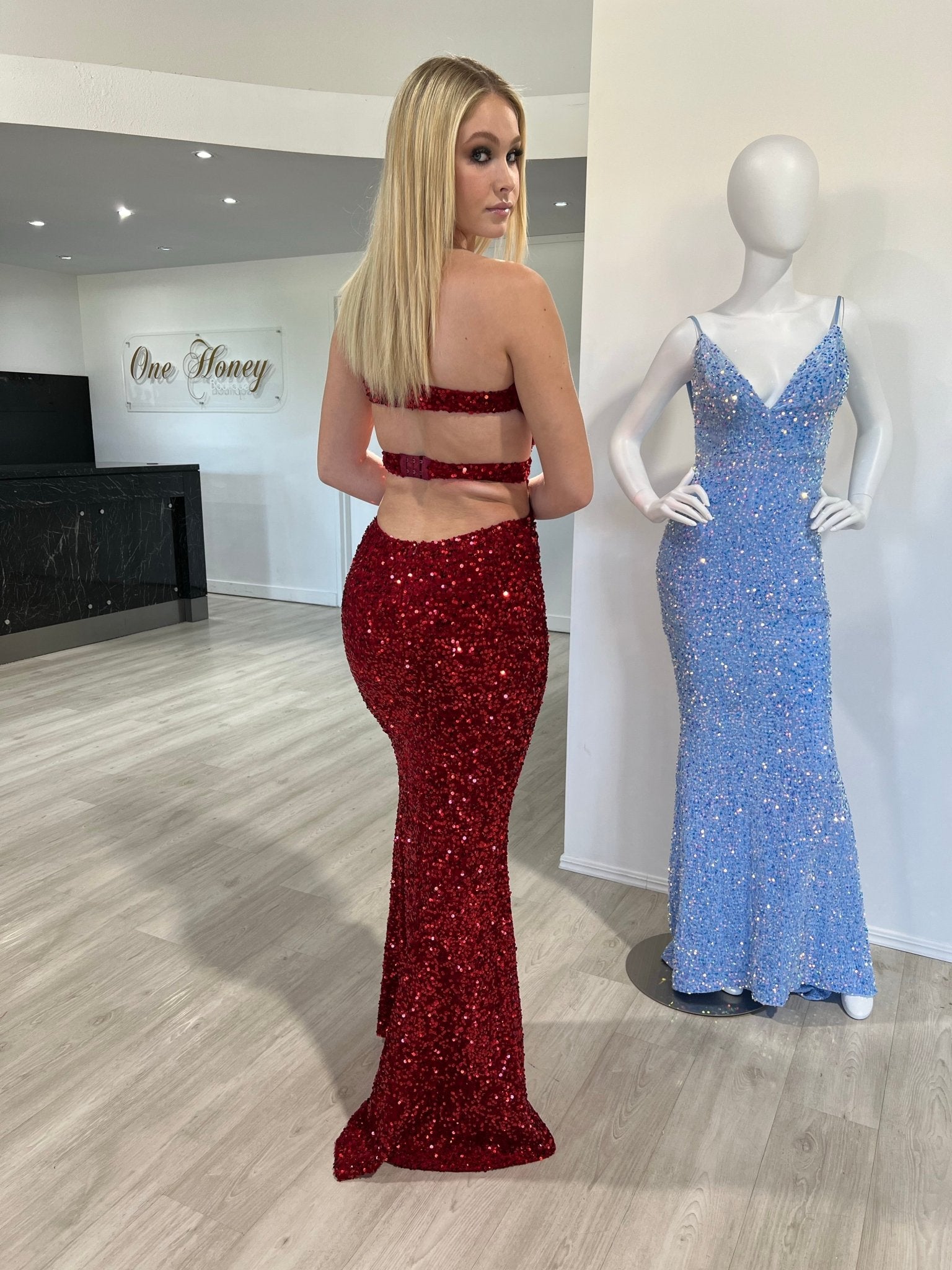 Honey Couture DENISE Red Sequin Cut Out Strapless Mermaid Evening Dress in Australia | One Honey Boutique