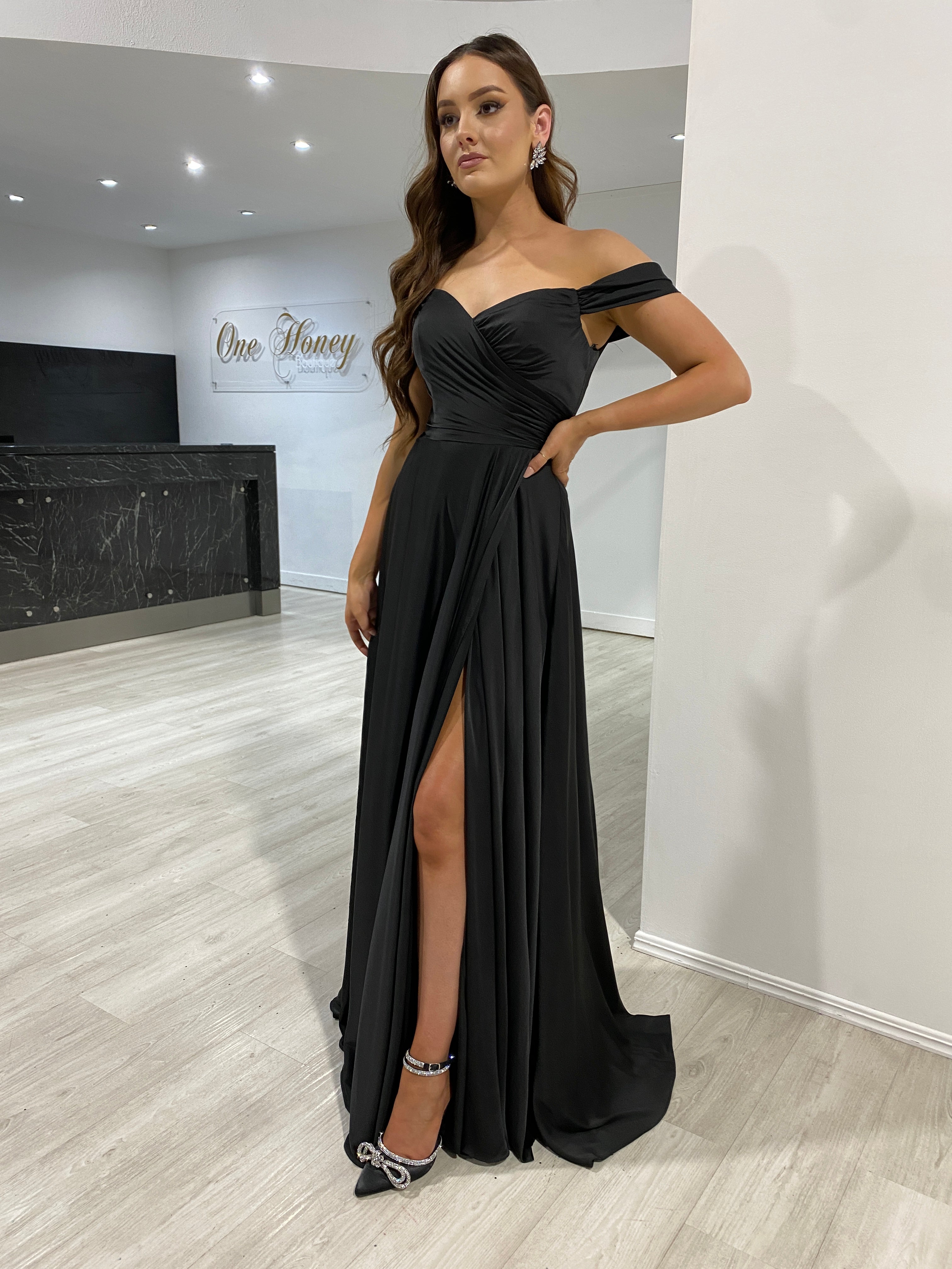 AURA Off the Shoulder Silky Bridesmaid Dress with pleated bodice and thigh-high slit, formal gown Brisbane to Gold Coast.