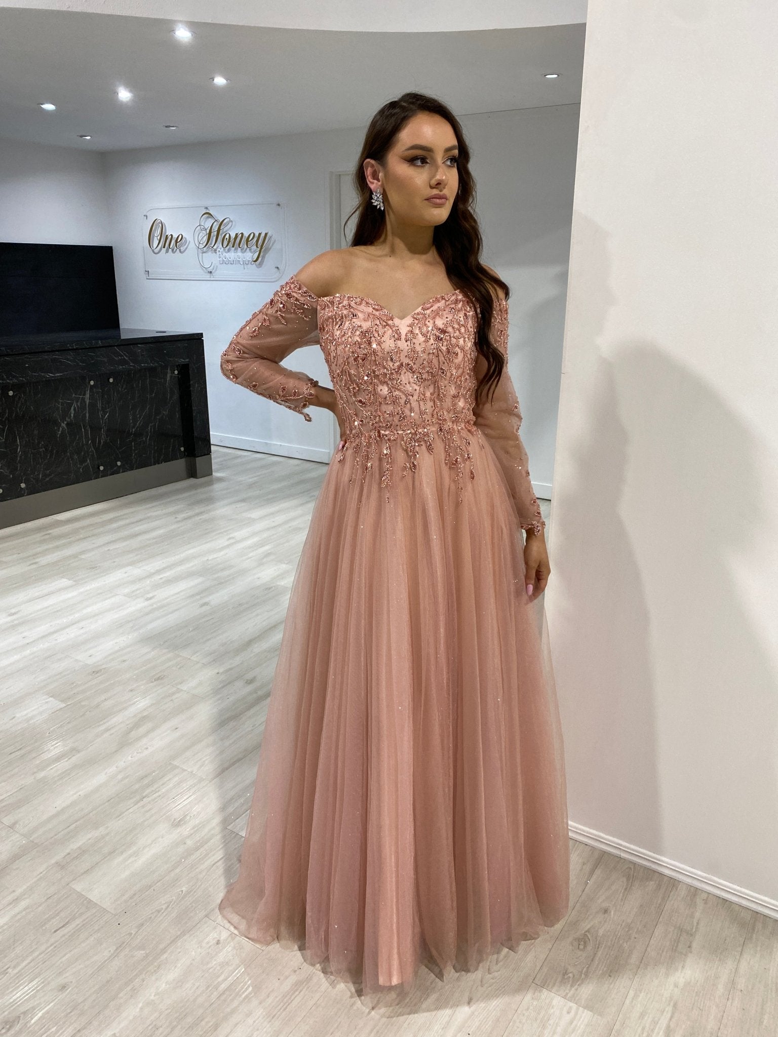 Honey Couture PATRISHA Blush Long Sleeve Beaded Tulle Formal Gown Dress in Australia | One Honey Boutique