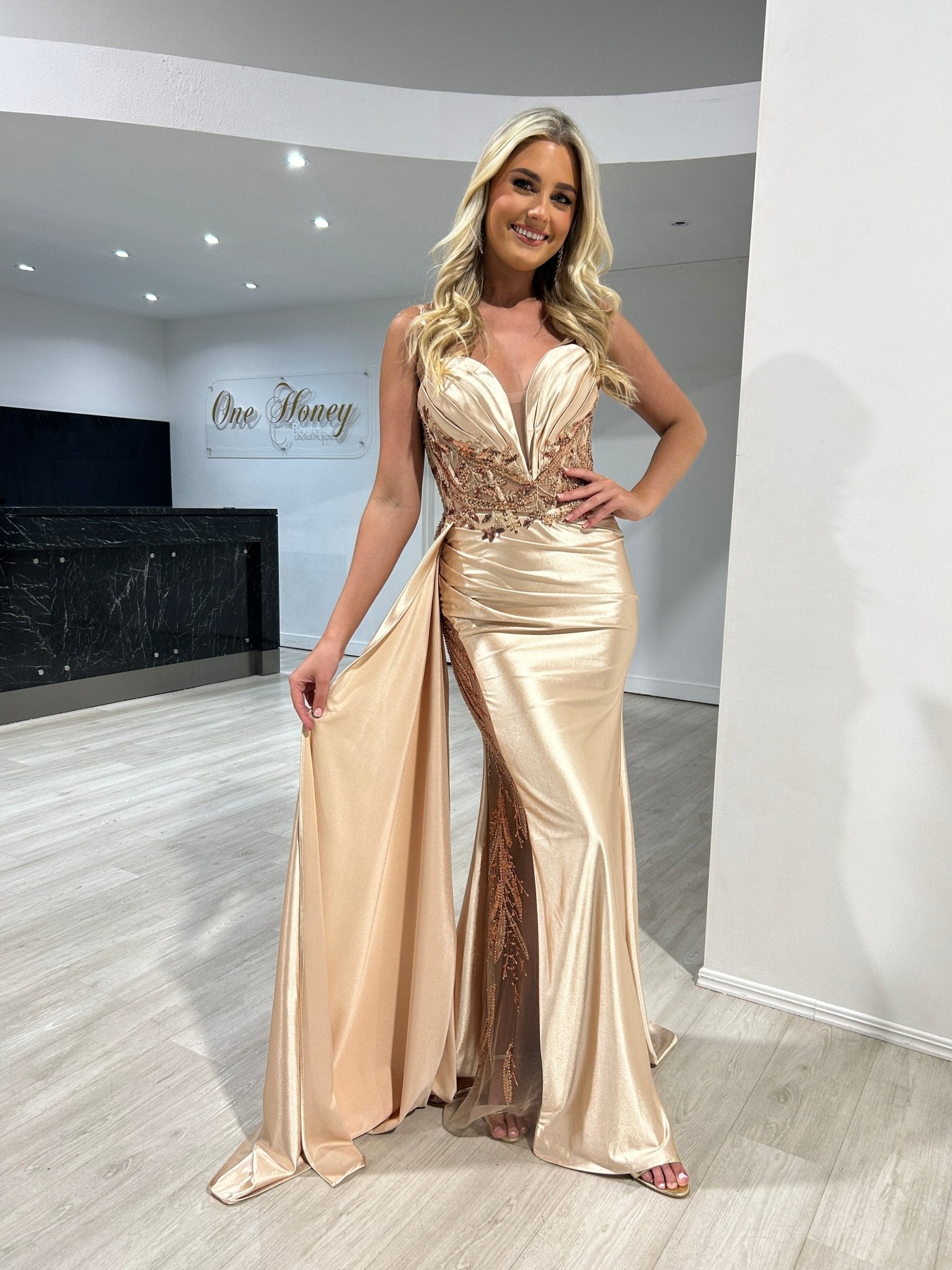 ANTONIA Embellished Corset Satin Mermaid Formal Dress in Australia | One Honey Boutique