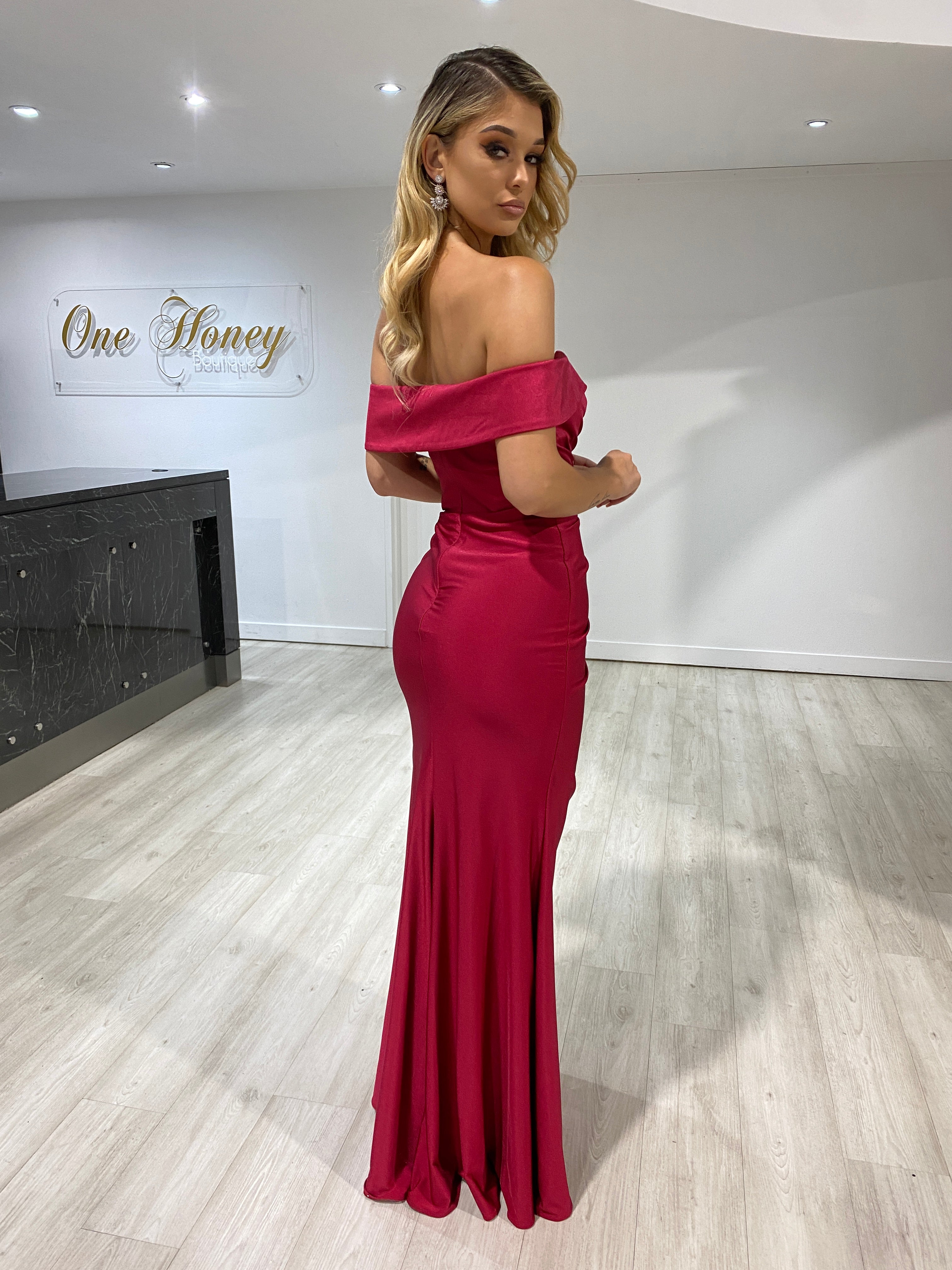 Honey Couture LAILA Burgundy Off Shoulder Silky Formal Dress