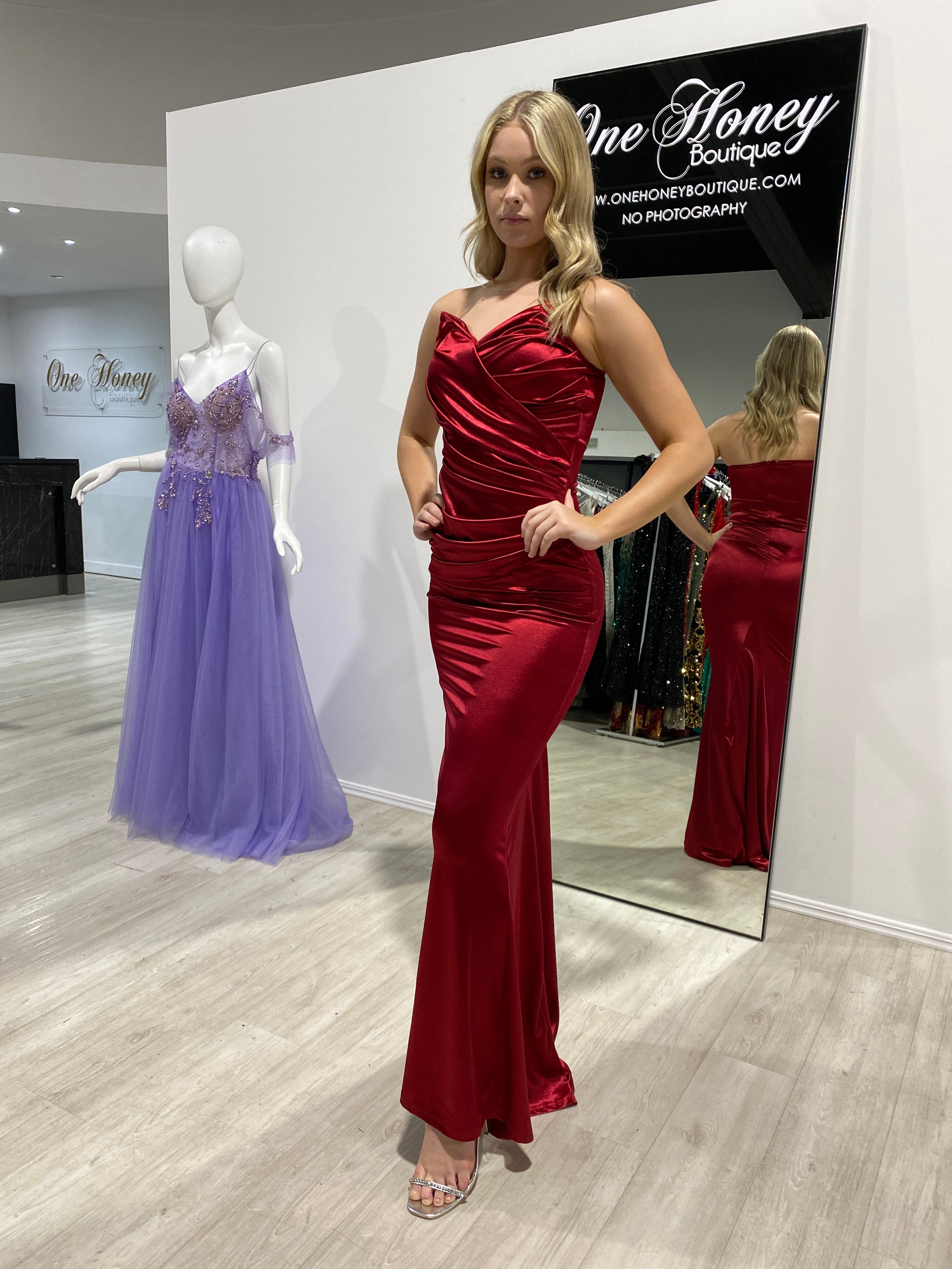 Model in Honey Couture AZALIA Burgundy Strapless Mermaid Dress, perfect for prom and evening events. Australian Designer label. Affordable.