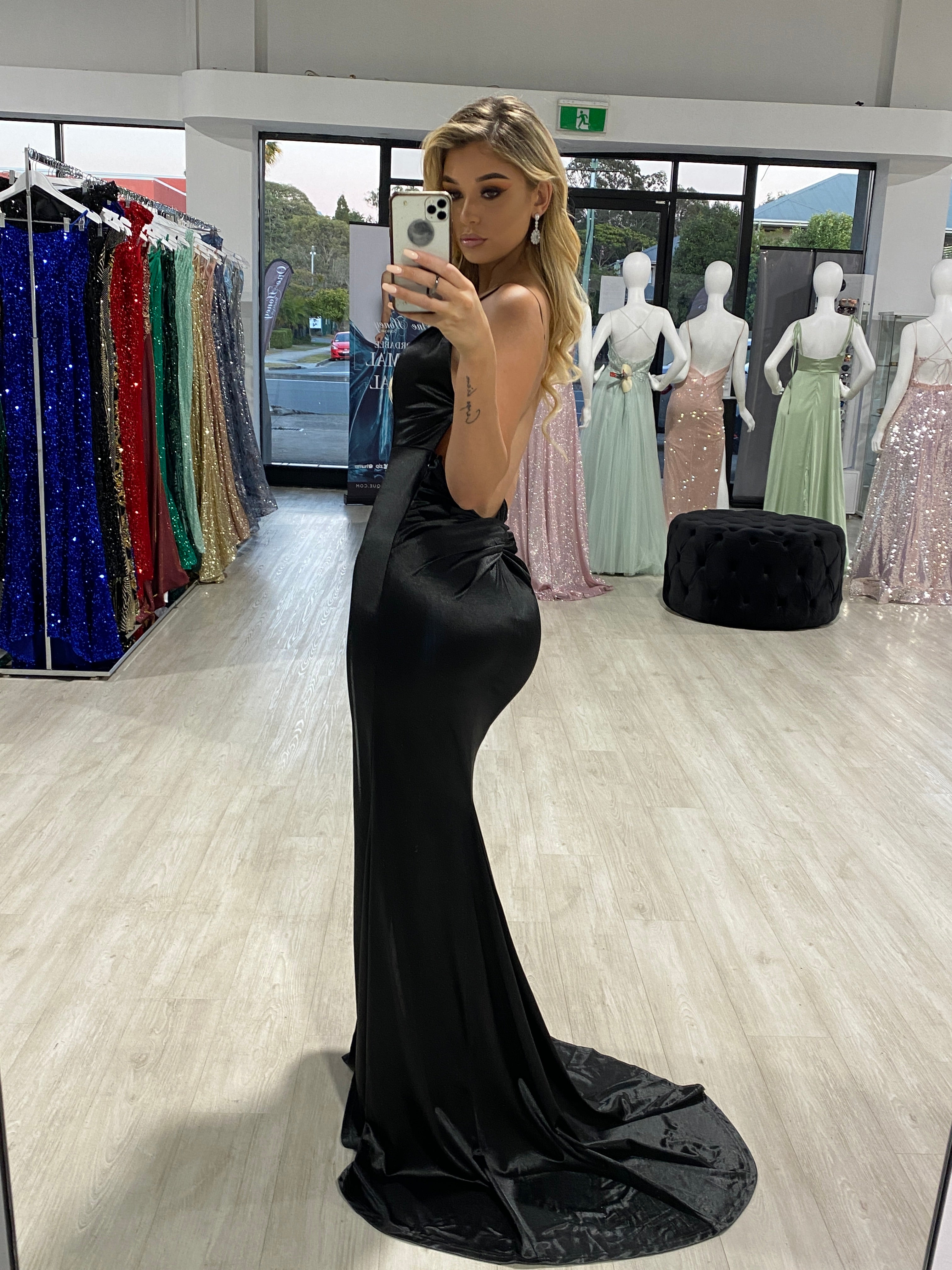 Honey Couture SAMARA Black Knot Mermaid Gown, low back, silky design in showroom. Australian Designer prom or evening dress. Affordable elegance.