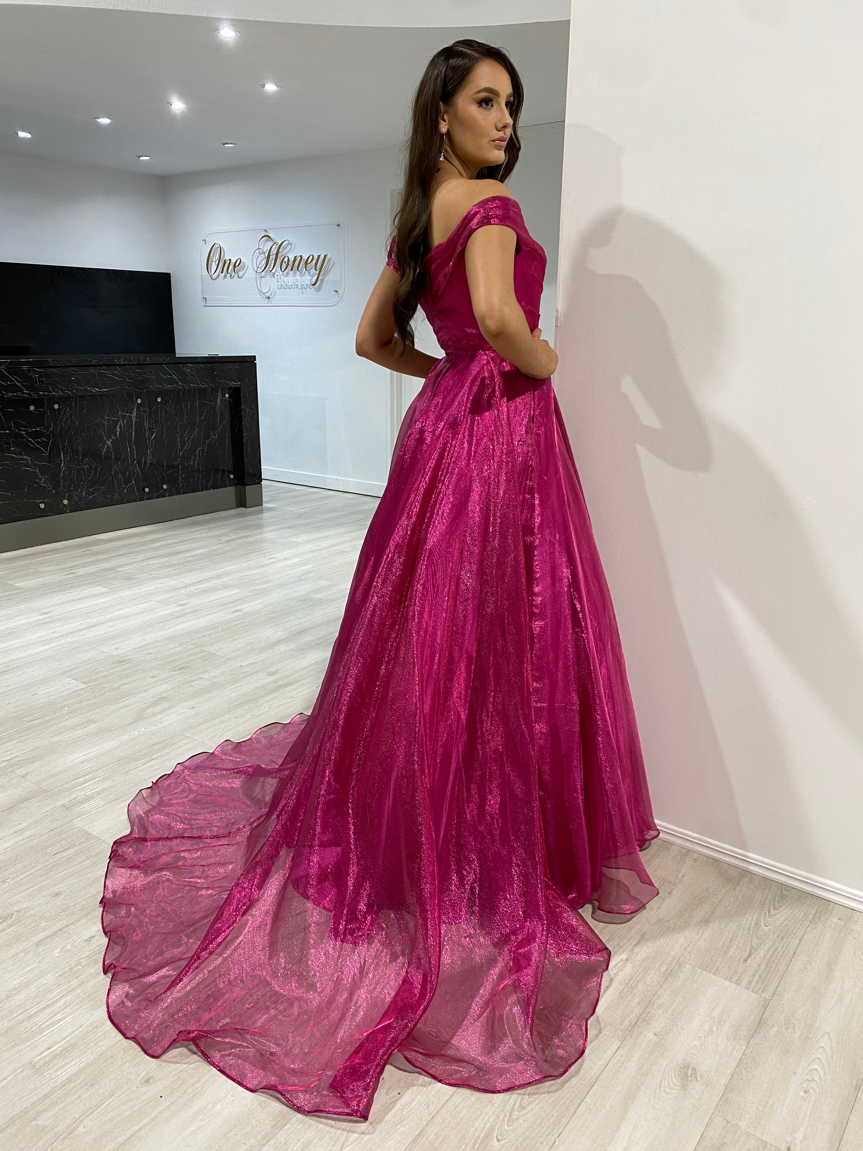 SARIA Off Shoulder Shimmer Ballgown with sweetheart neckline, pleated bodice, flowing layered skirt, prom dress, Brisbane to Gold Coast.