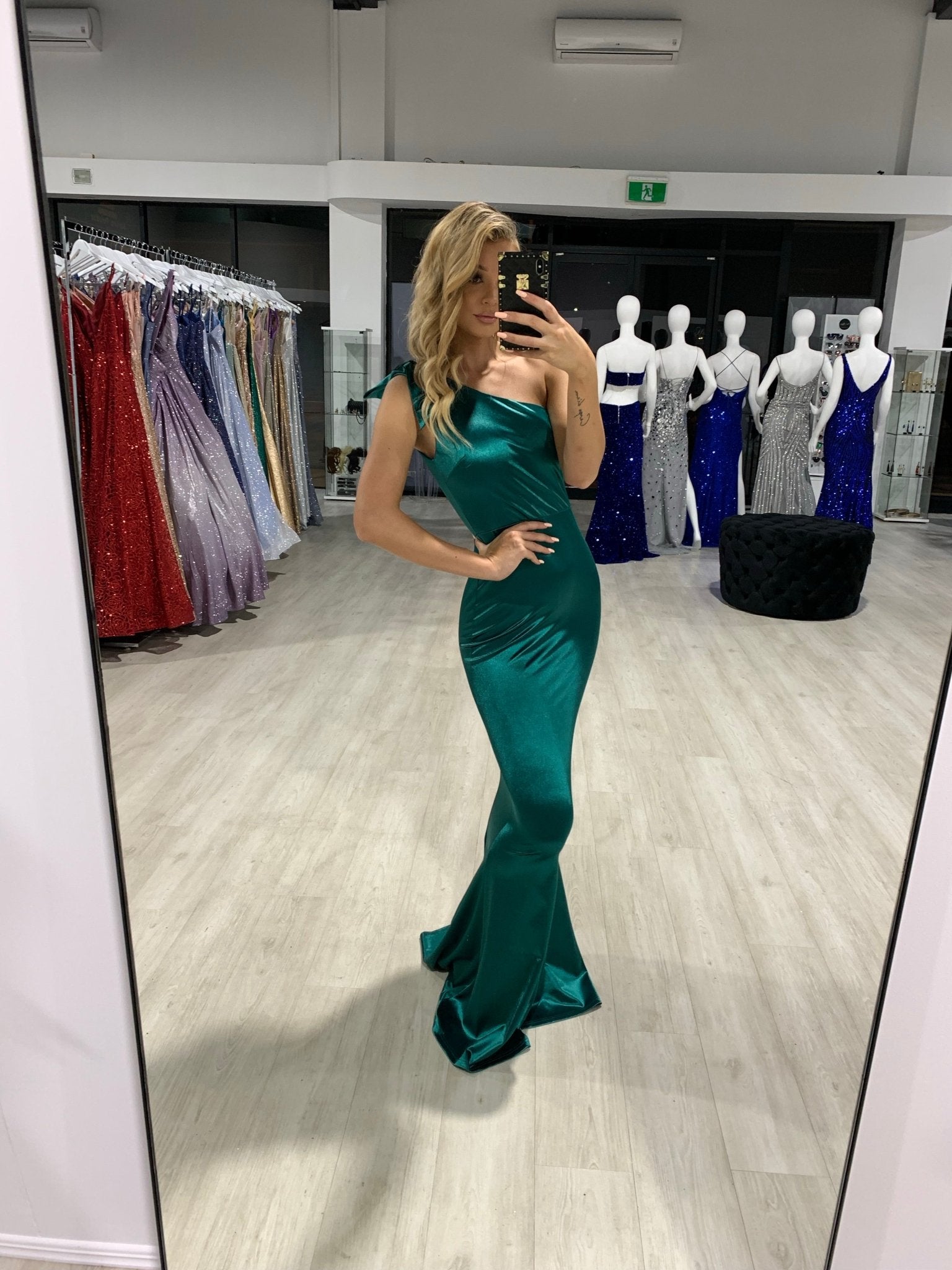 Honey Couture CHARLI Emerald Green Bow Feature One Shoulder Mermaid Formal Dress in Australia | One Honey Boutique