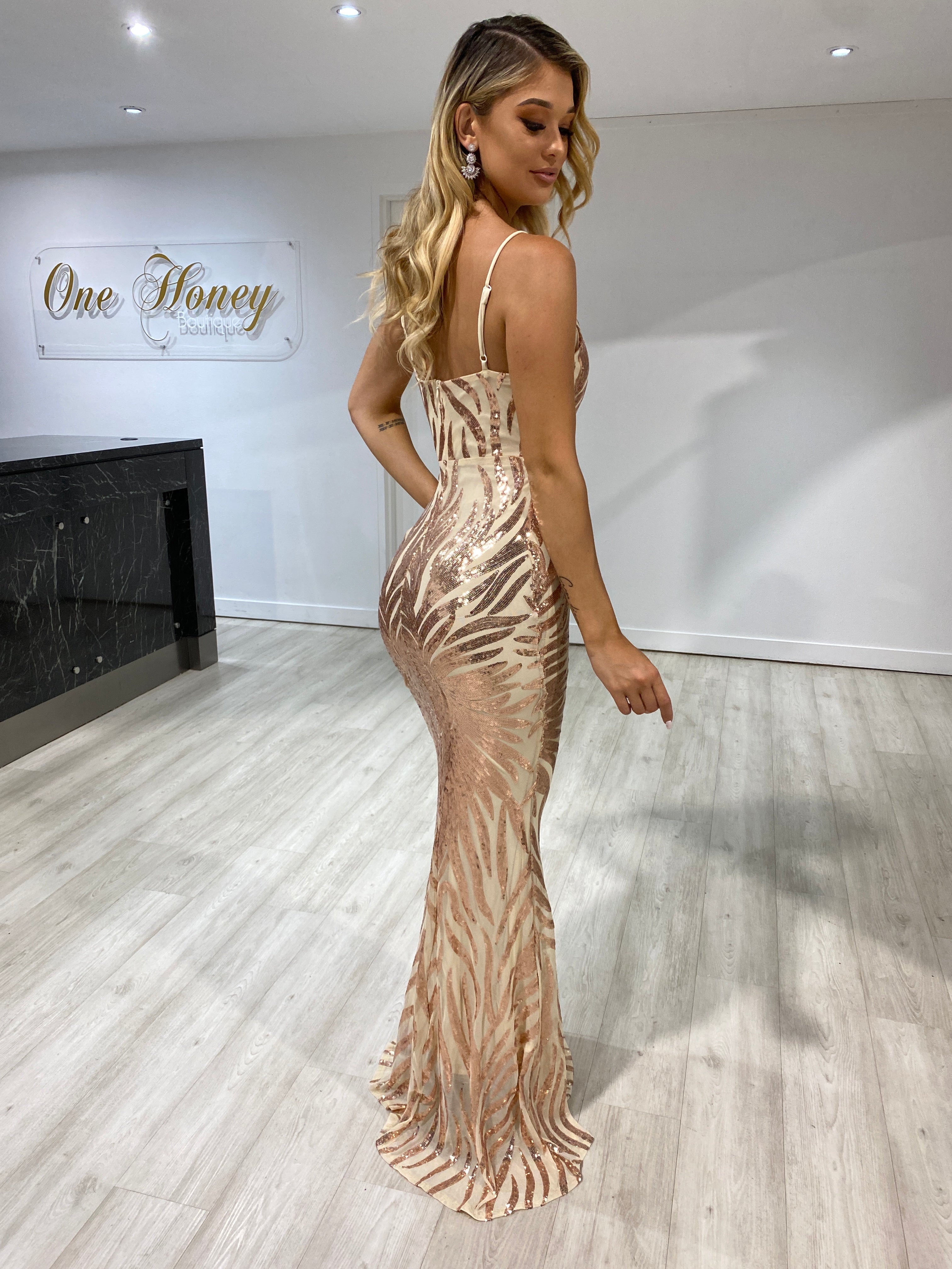 Honey Couture GENENE rose gold sequin formal dress with thin straps, from Australian Designer, perfect for prom or evening events.