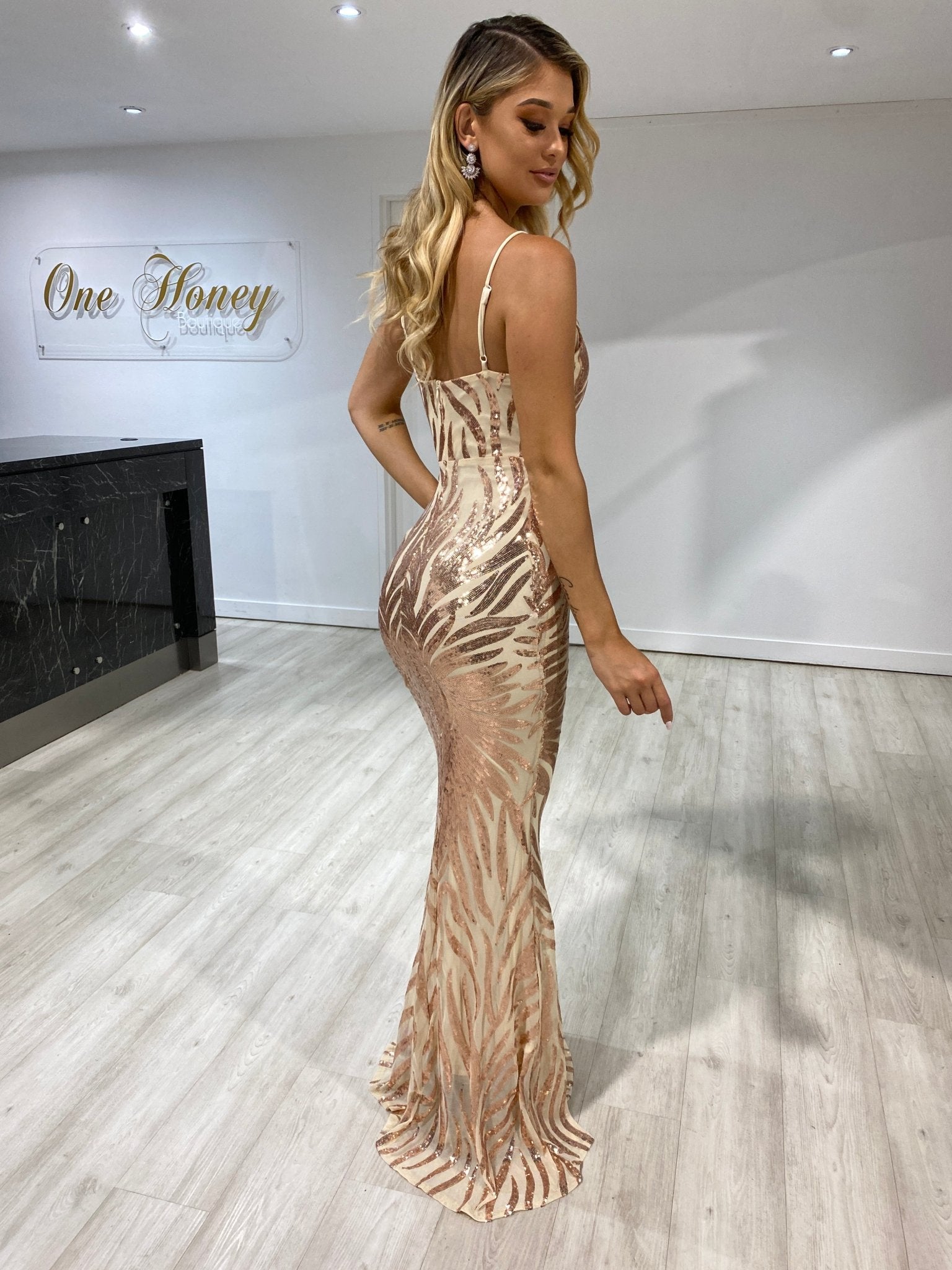Honey Couture GENENE Rose Gold Thin Strap Sequin Formal Dress in Australia | One Honey Boutique
