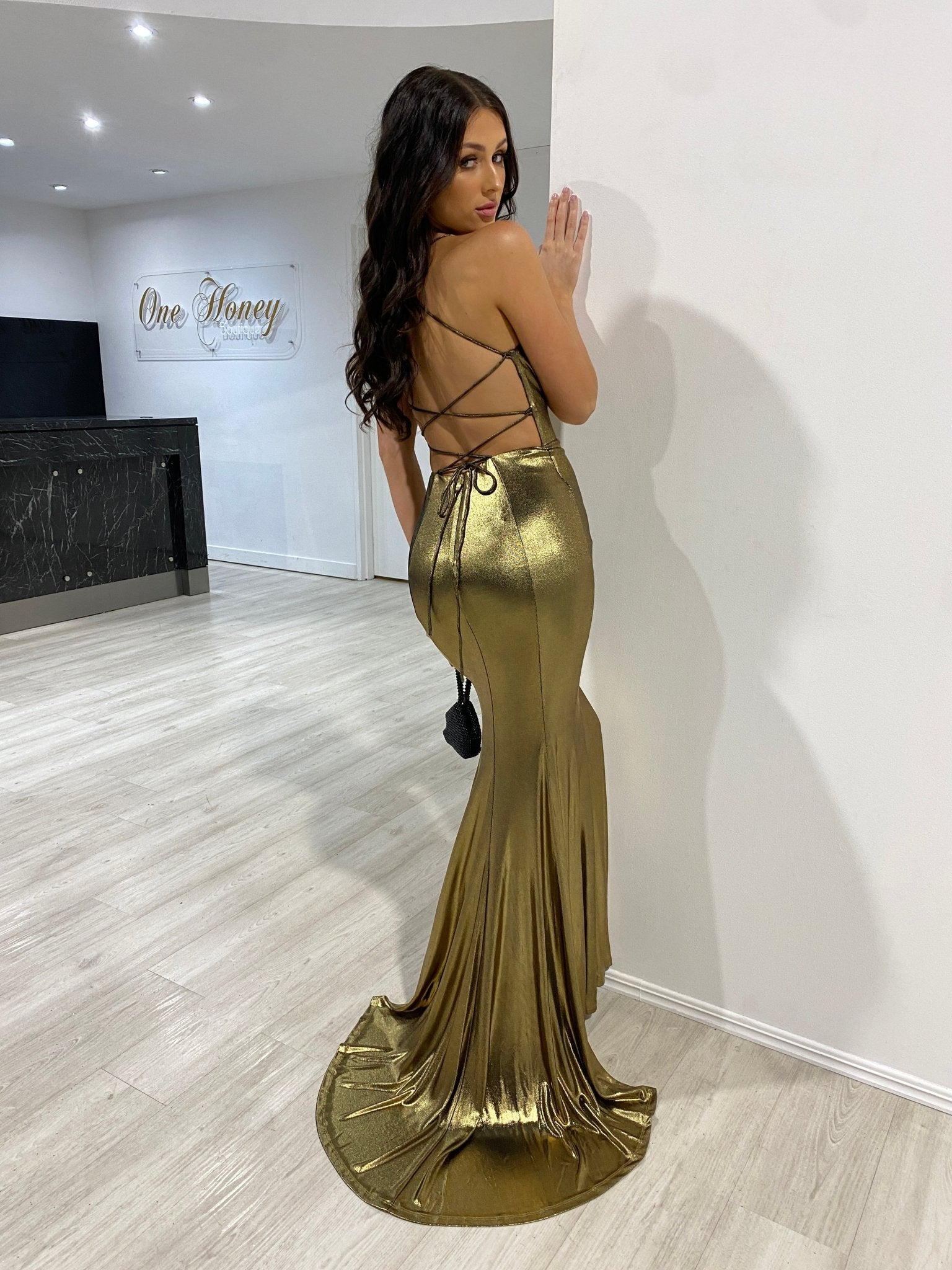 Honey Couture DITA Copper Gold Lace Up Corset Mermaid Formal Dress in Australia | One Honey Boutique