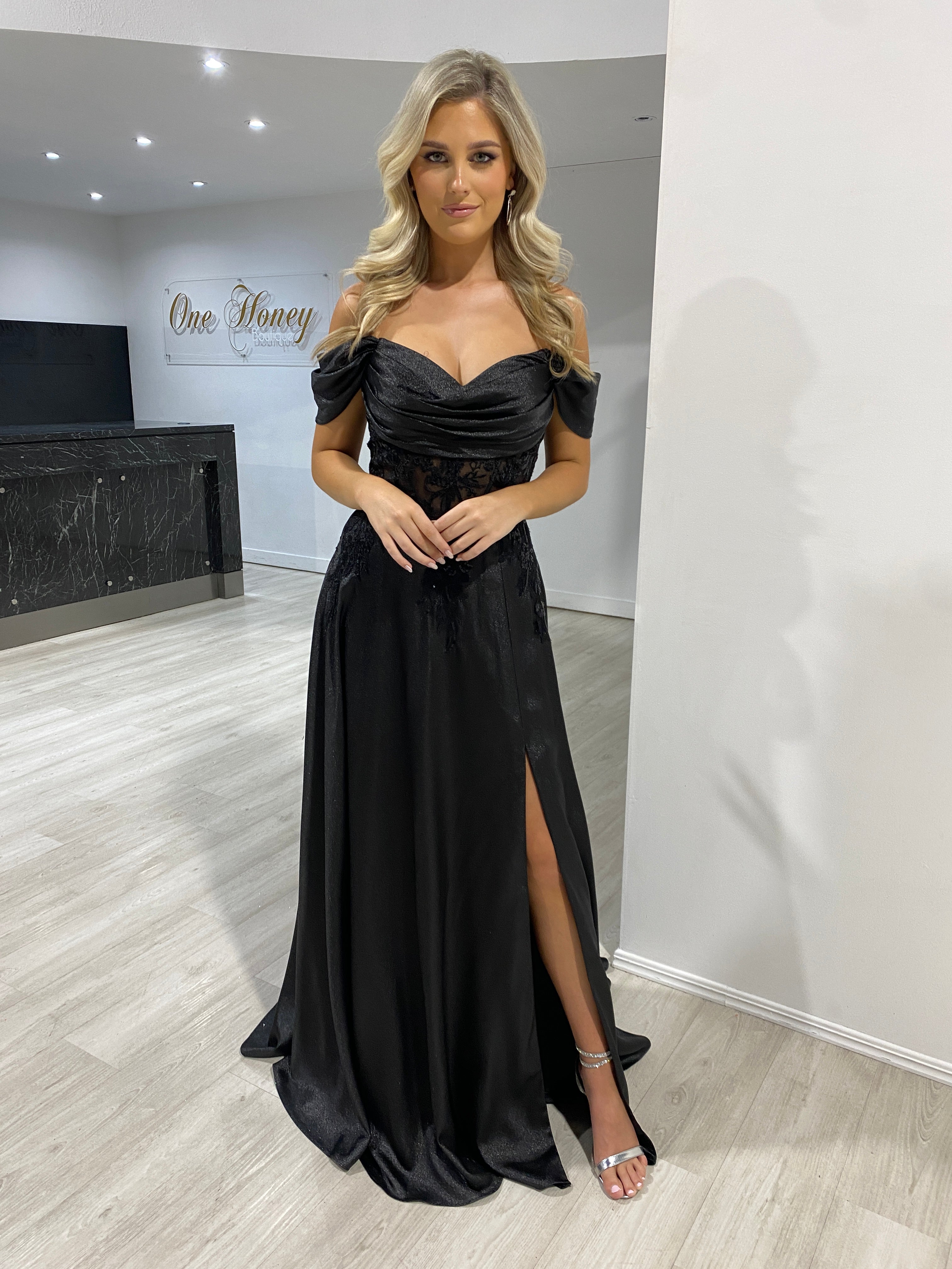 Honey Couture MARIKA Black Beaded Off the Shoulder A Line Corset Formal Dress