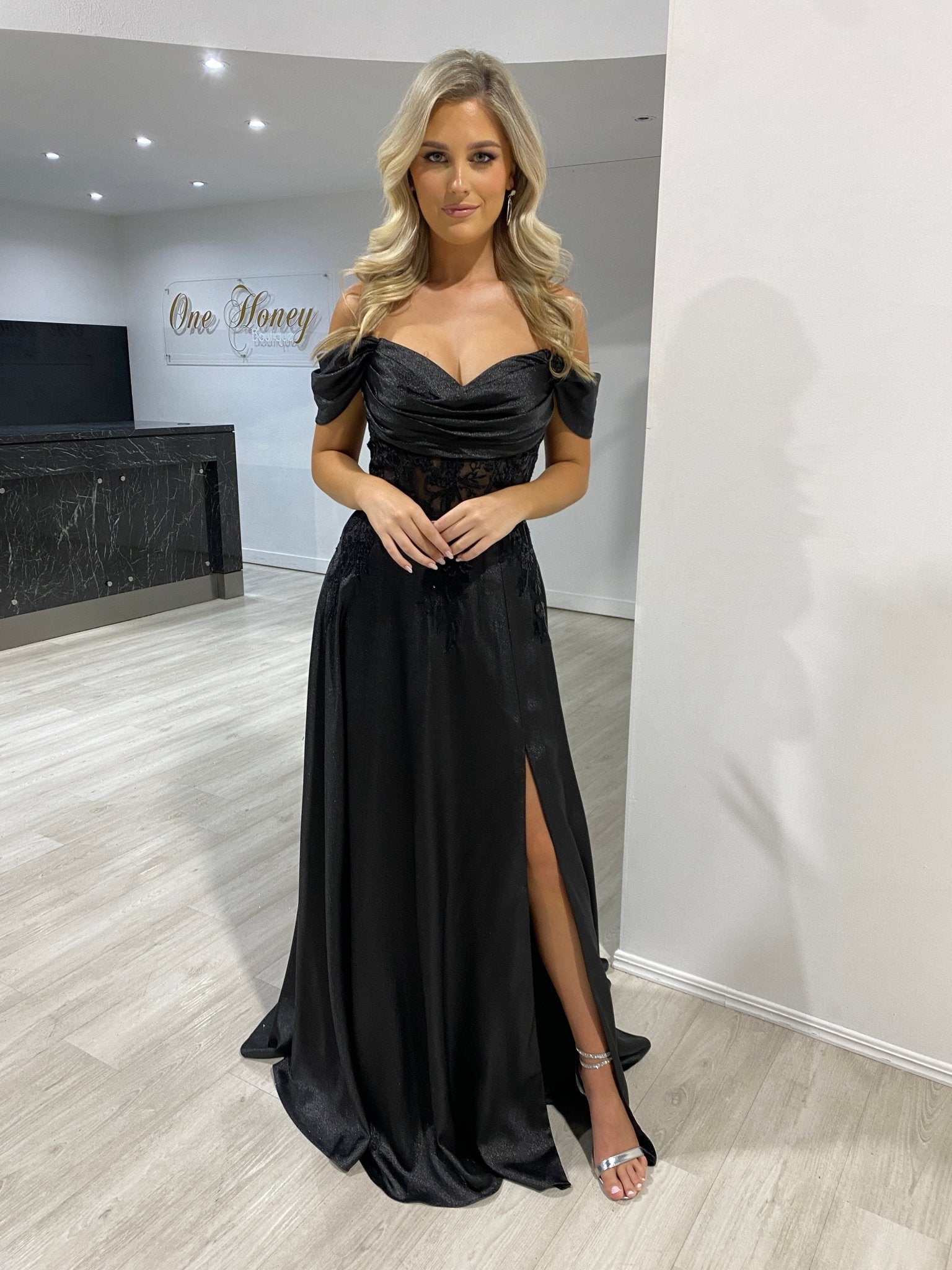 MARIKA Beaded Off the Shoulder A Line Corset Formal Dress in Australia | One Honey Boutique