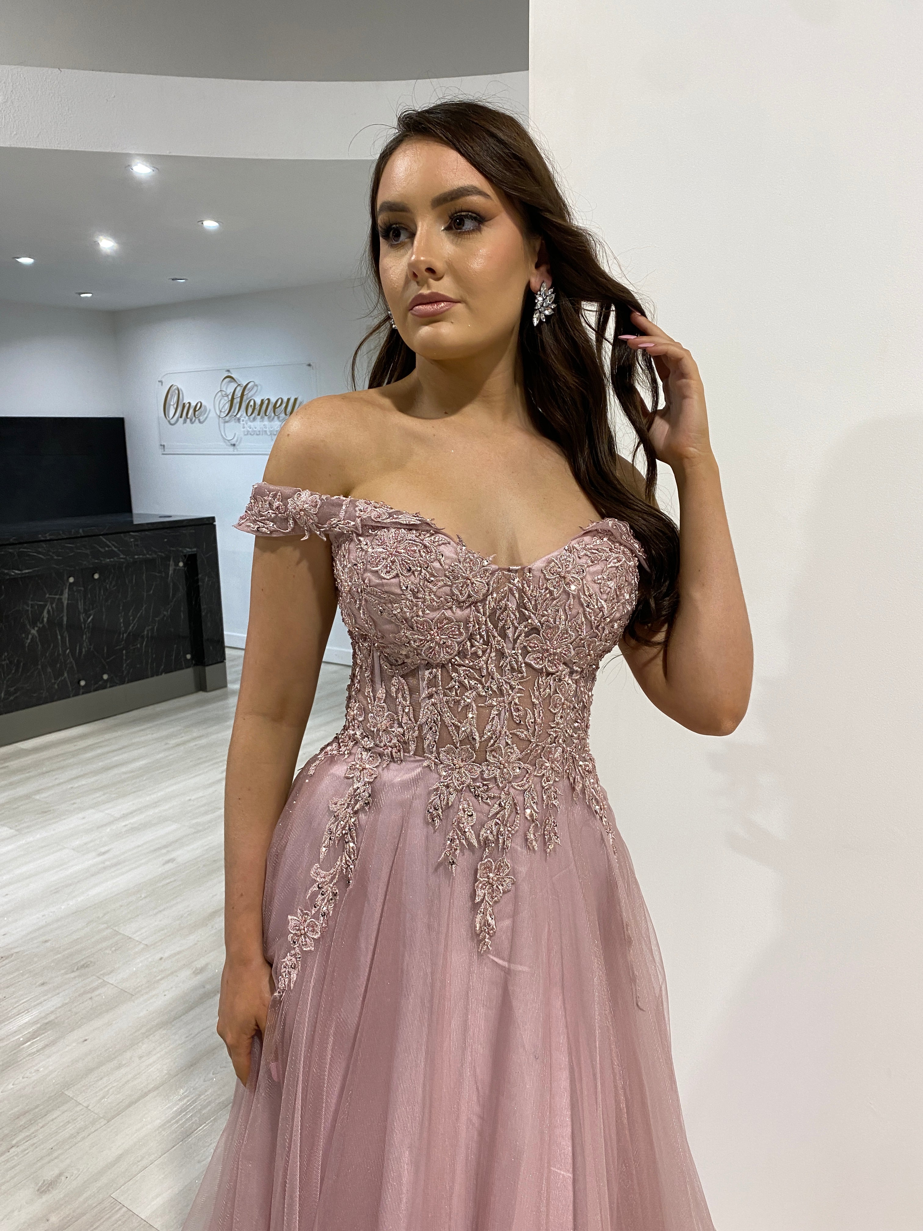 DEJA off-shoulder lace appliqué ballgown with corset bodice, perfect for formal events, Brisbane to Gold Coast.